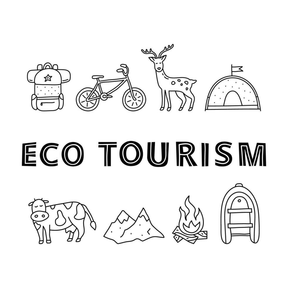 Poster with lettering and doodle outline eco tourism icons. vector