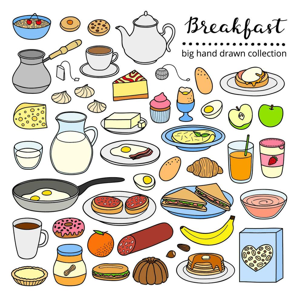 conjunto de mano dibujado desayuno platos. vector