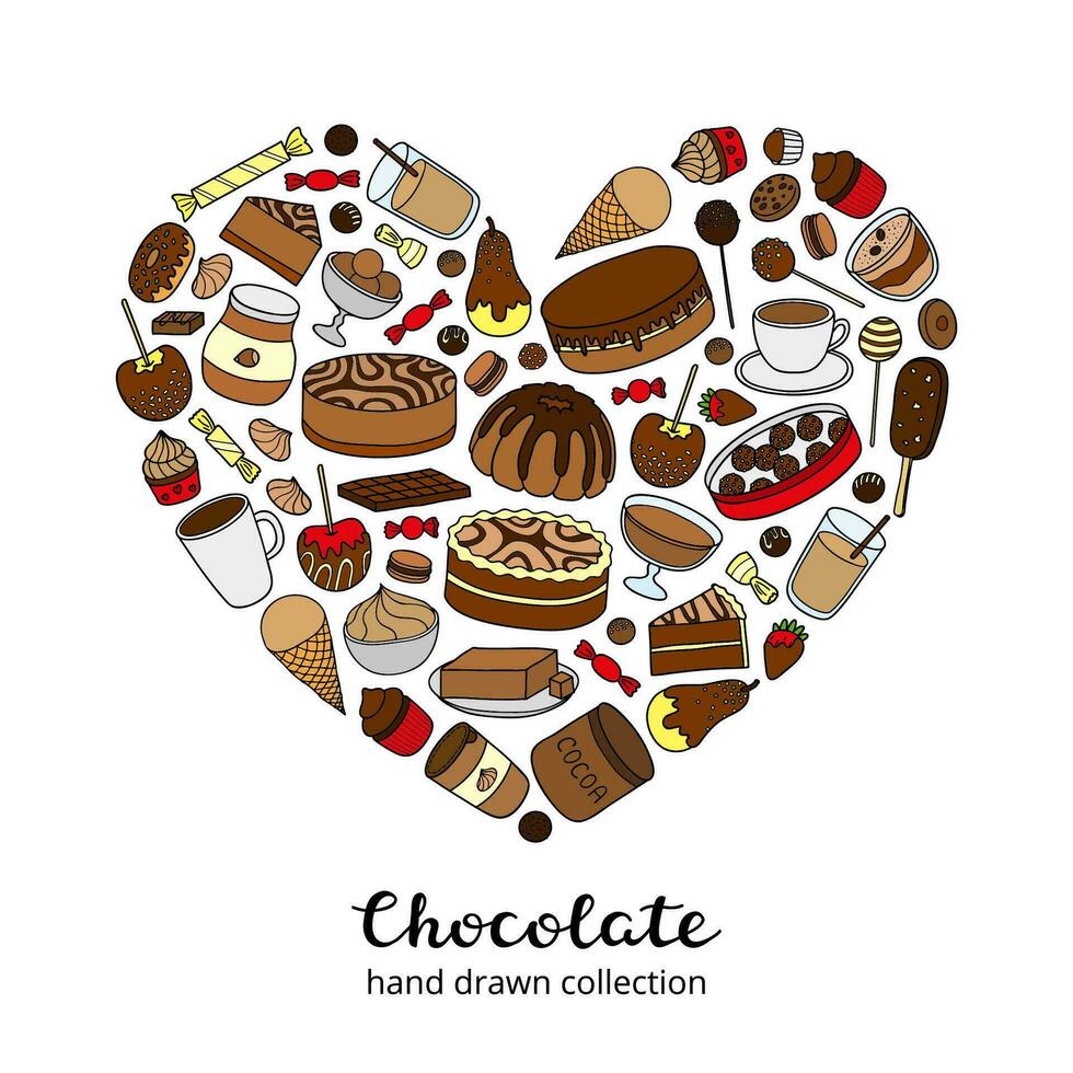 Doodle chocolate and cocoa products in heart shape. vector