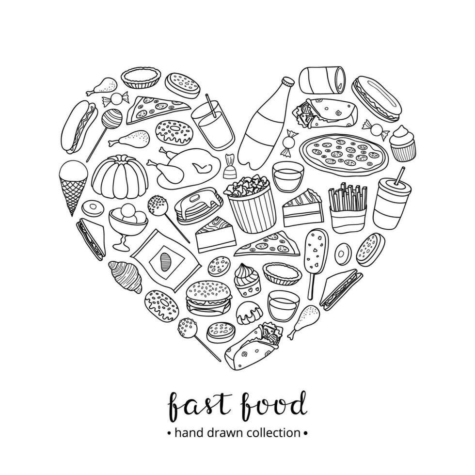 mano dibujado rápido comida comidas en corazón forma. vector
