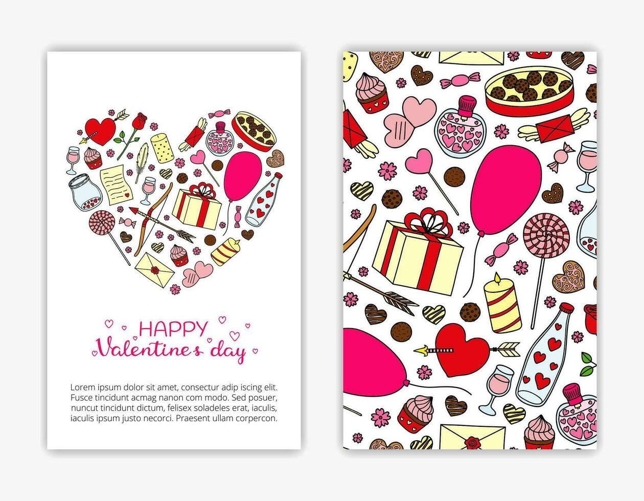 Card templates with doodle items for Valentine s day. vector