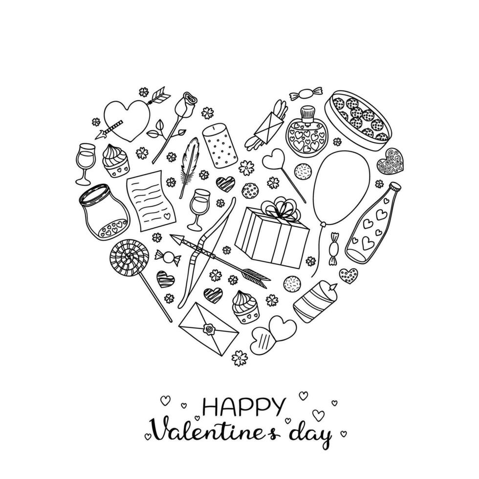 Hand drawn romantic items in heart shape. vector