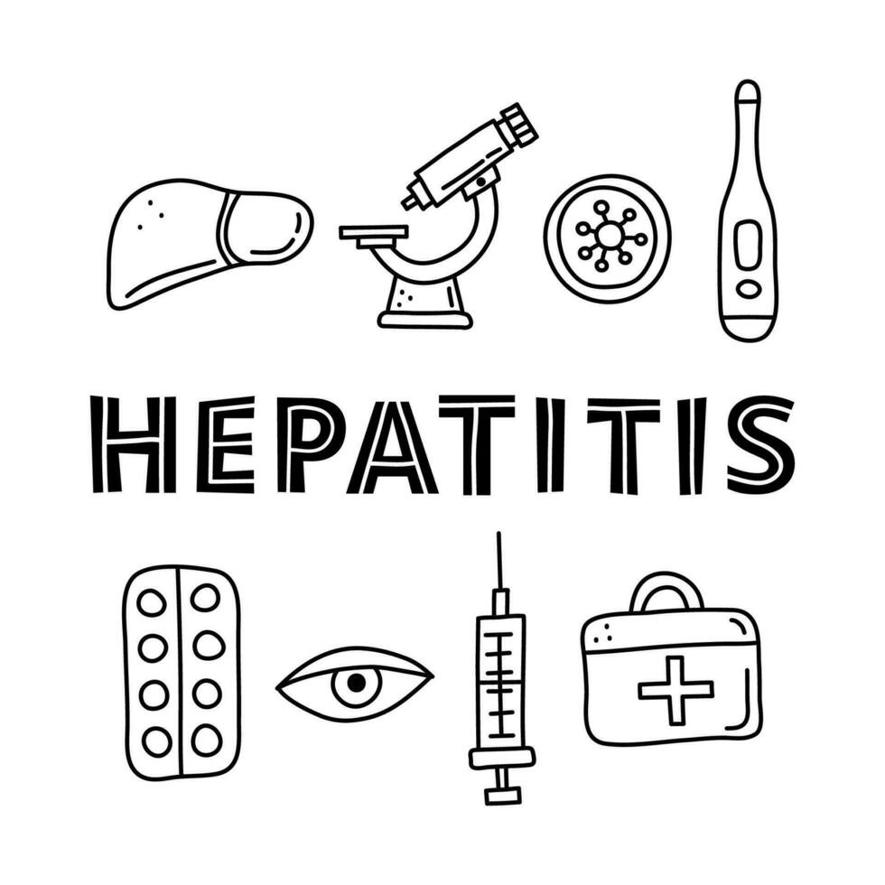 Poster with lettering and doodle hepatitis icons. vector