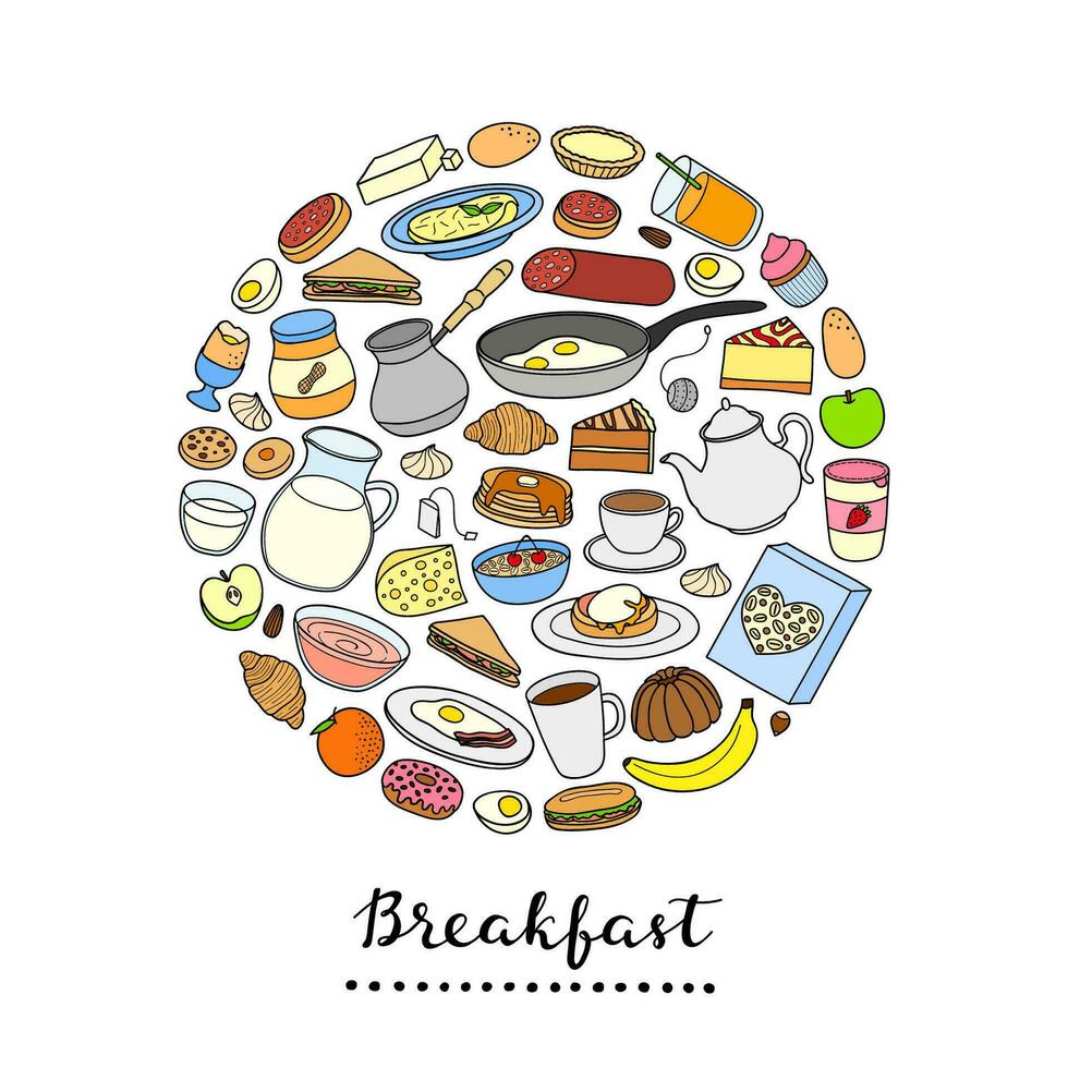 Hand drawn breakfast dishes in circle. vector