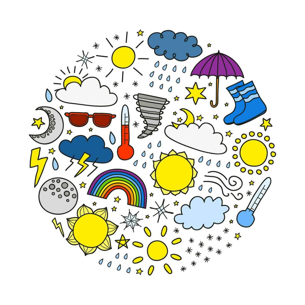 Doodle weather icons in circle. vector