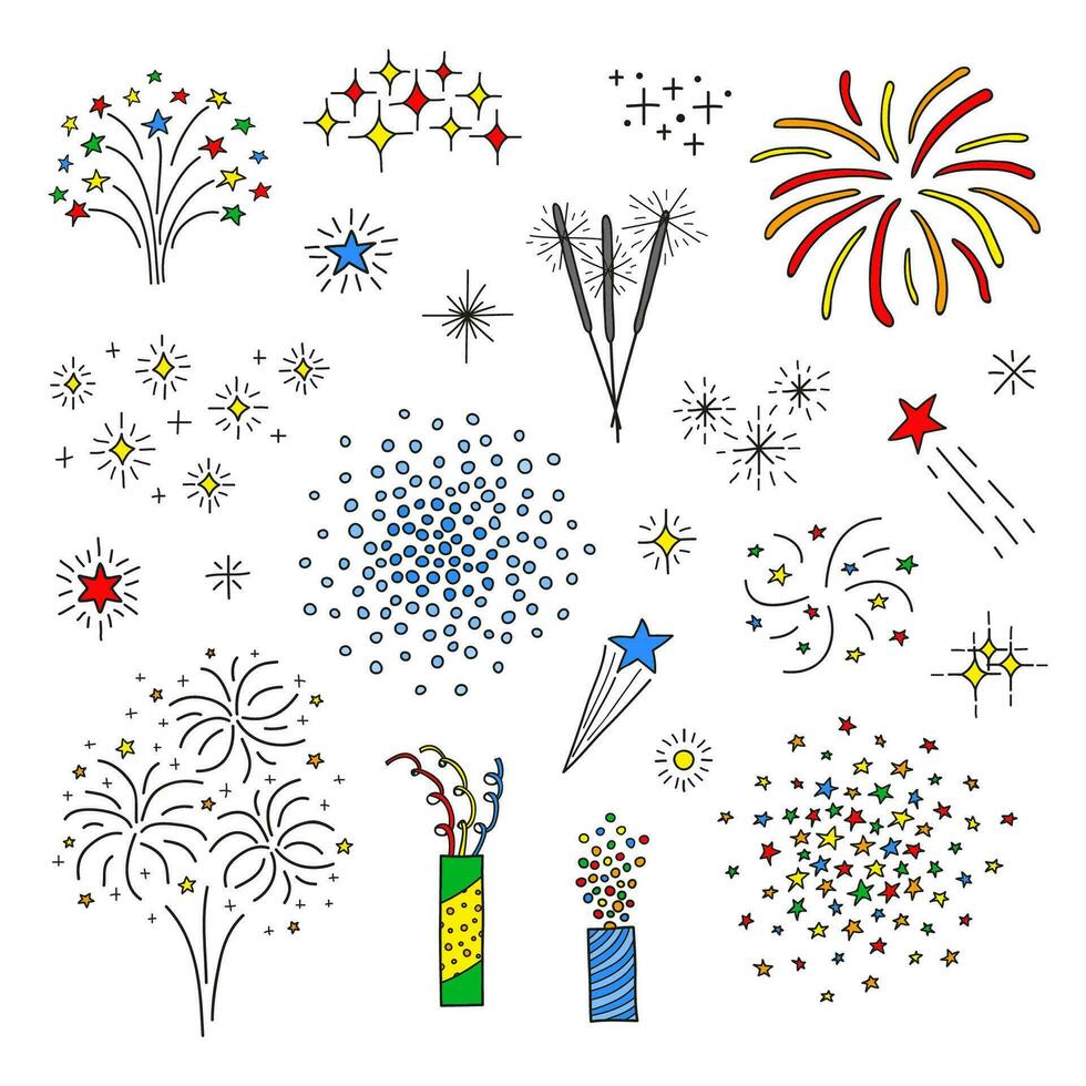 Set of doodle fireworks. vector