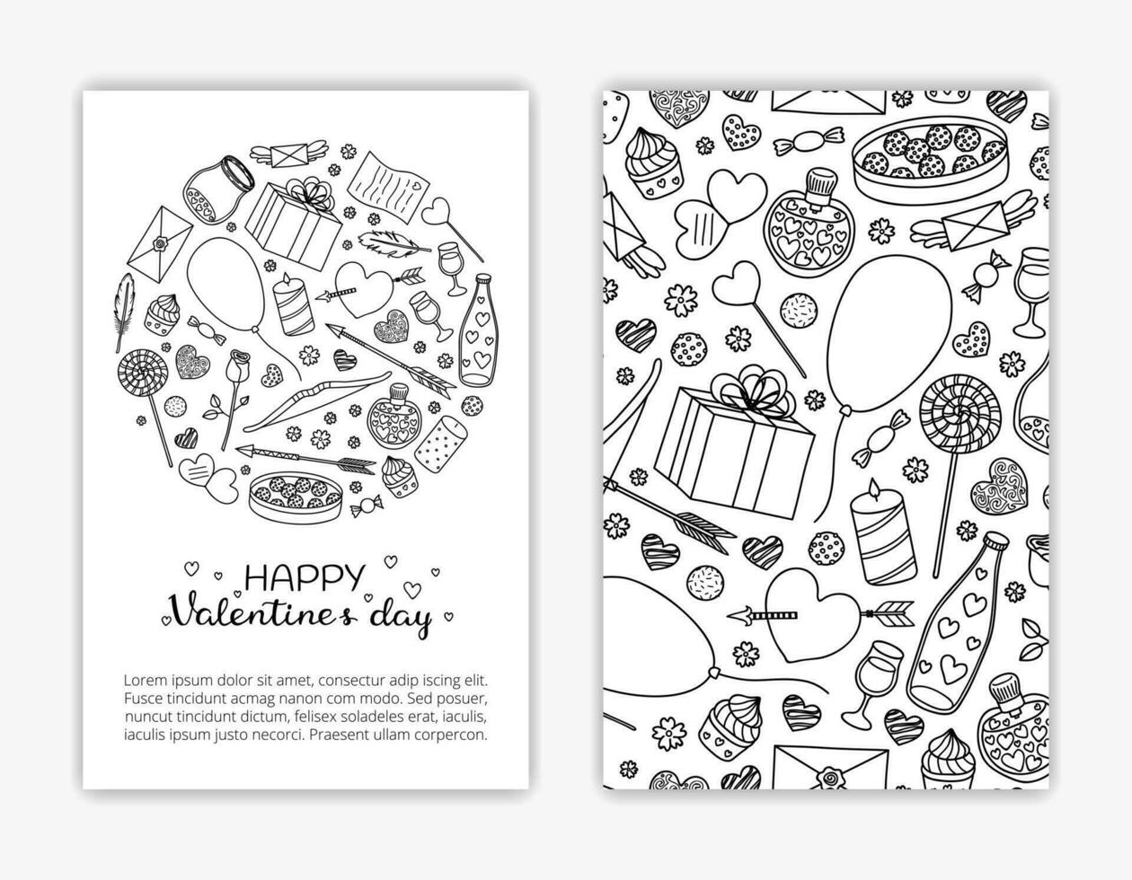 Card templates with doodle items for Valentine s day. vector