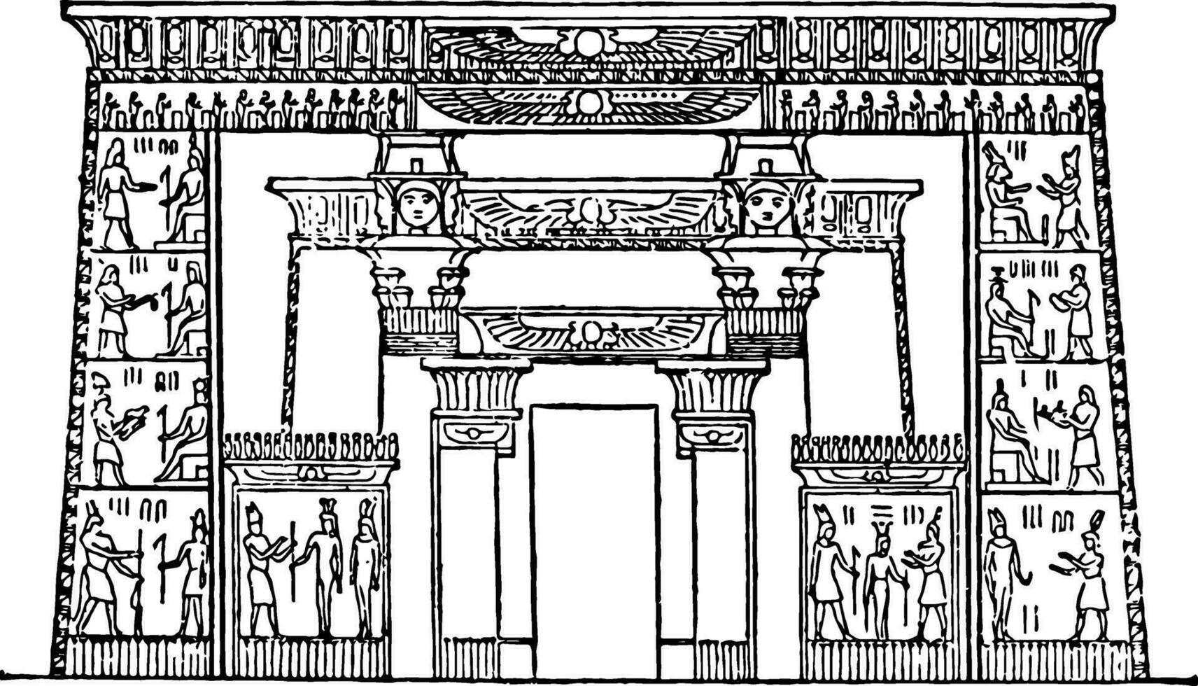 Egyptian-Front of Temple of Isis,  Egyptian architecture, vintage engraving. vector