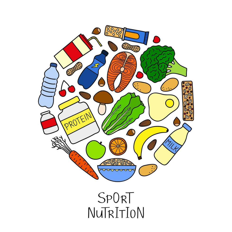 Doodle sport nutrition items in circle. vector