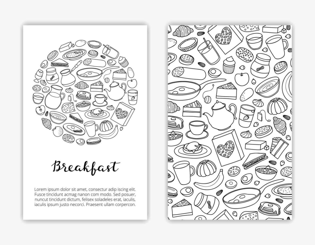 tarjeta plantillas con mano dibujado desayuno platos. vector