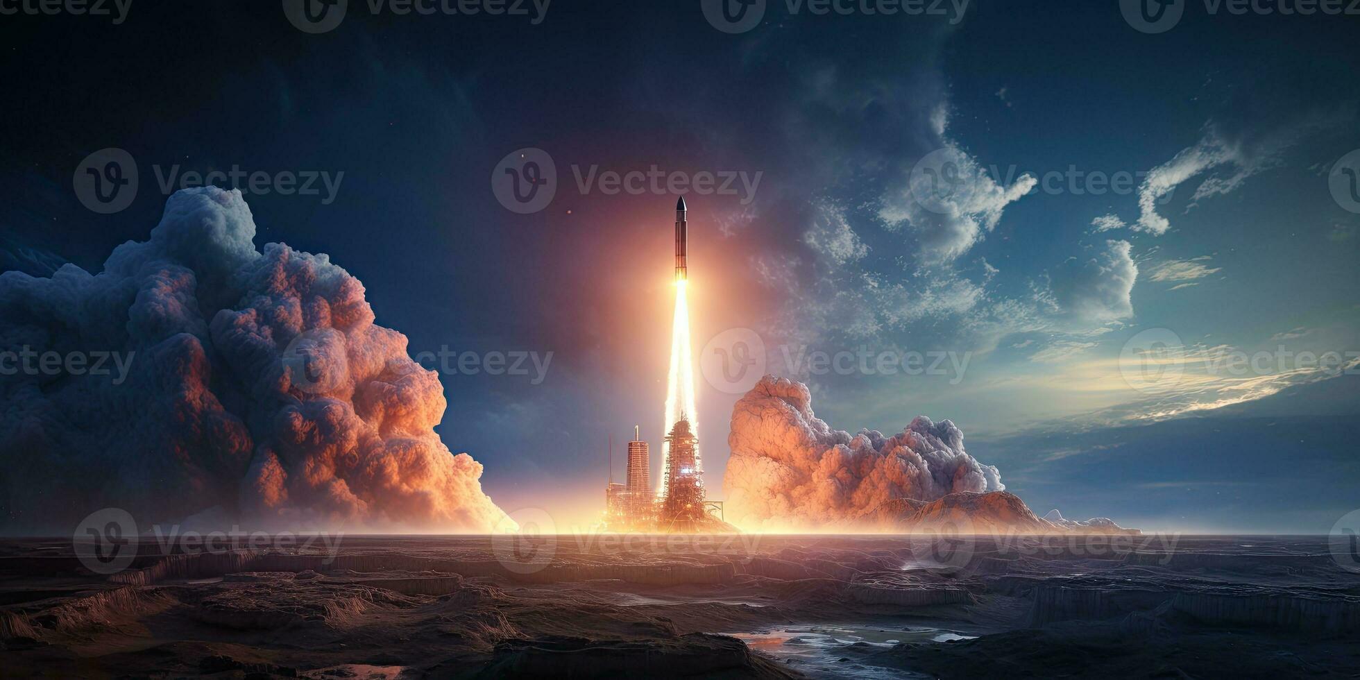 AI Generated A rocket launched into the vast space of the universe. A historical mission by Generative AI photo