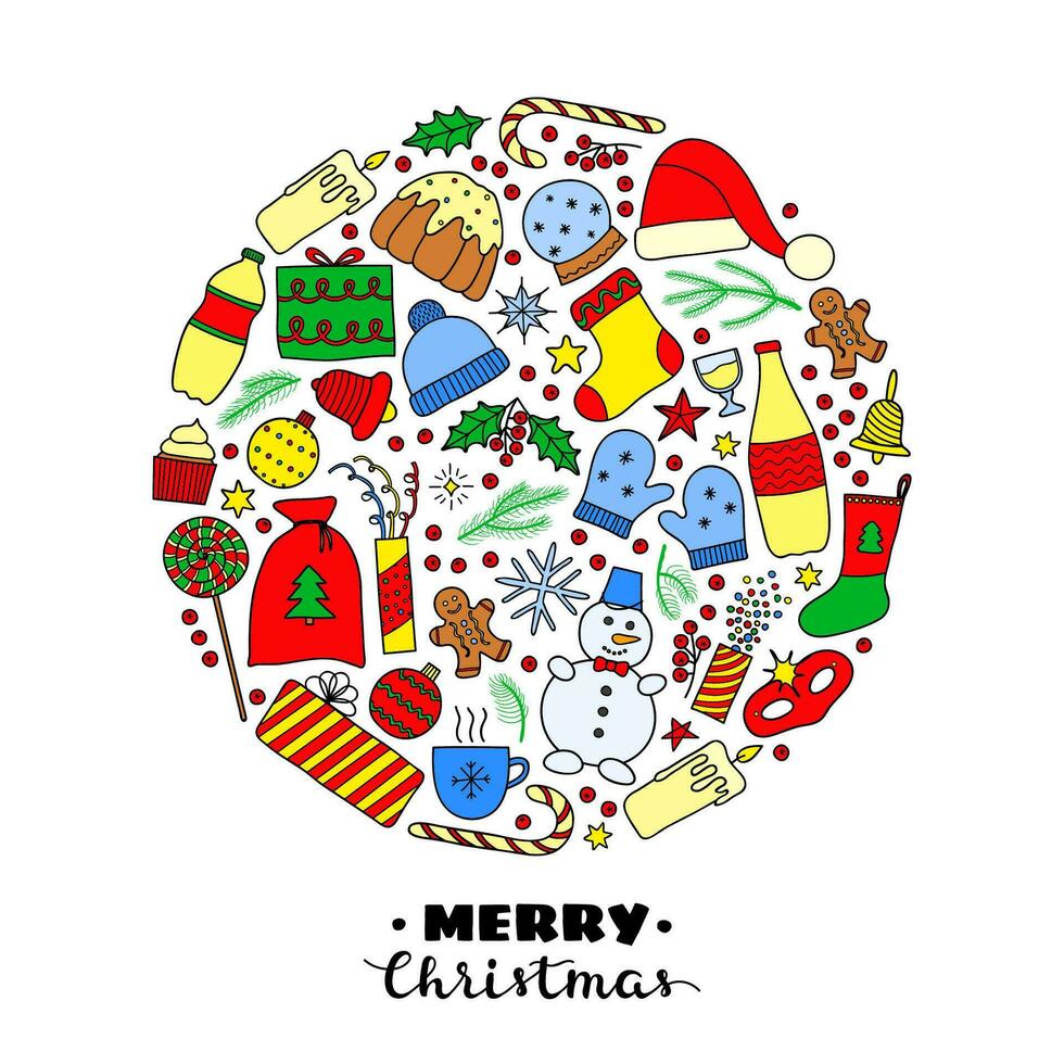 Christmas and New Year doodle items in circle. vector