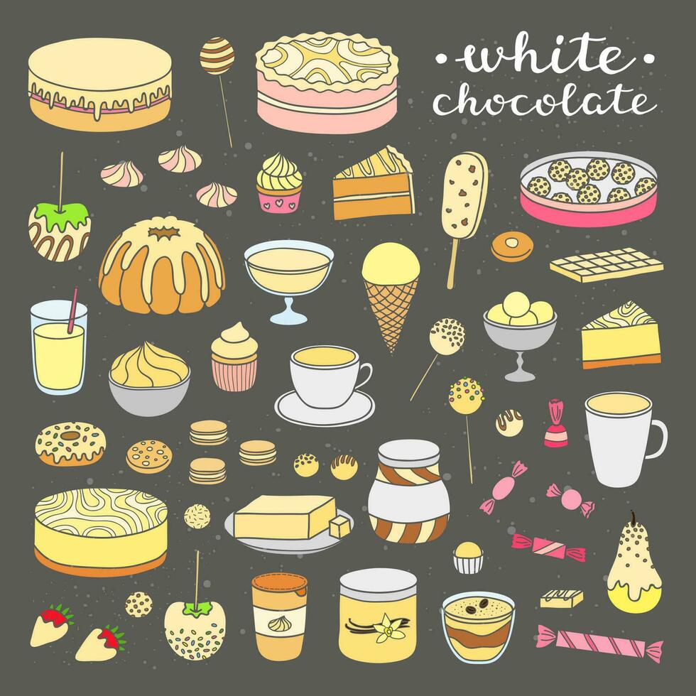 Set of doodle white chocolate products. vector