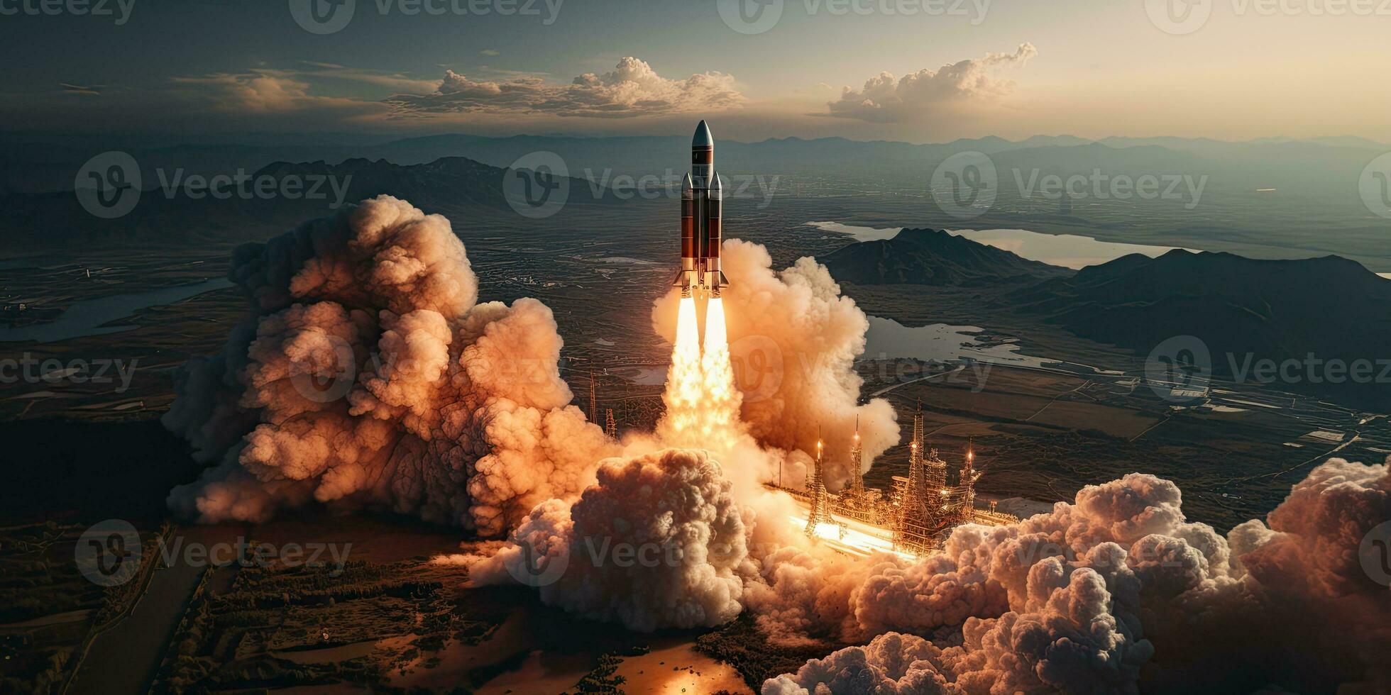 AI Generated A rocket launched into the vast space of the universe. A historical mission by Generative AI photo