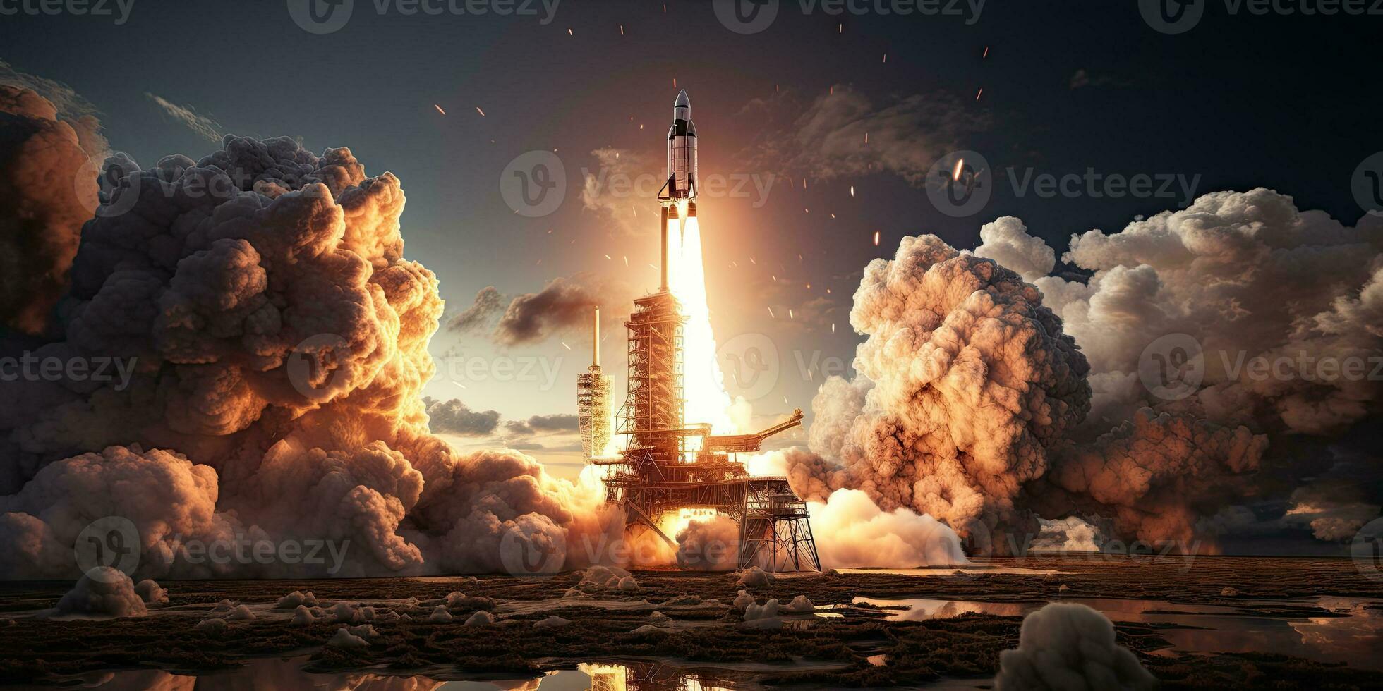 AI Generated A rocket launched into the vast space of the universe. A historical mission by Generative AI photo