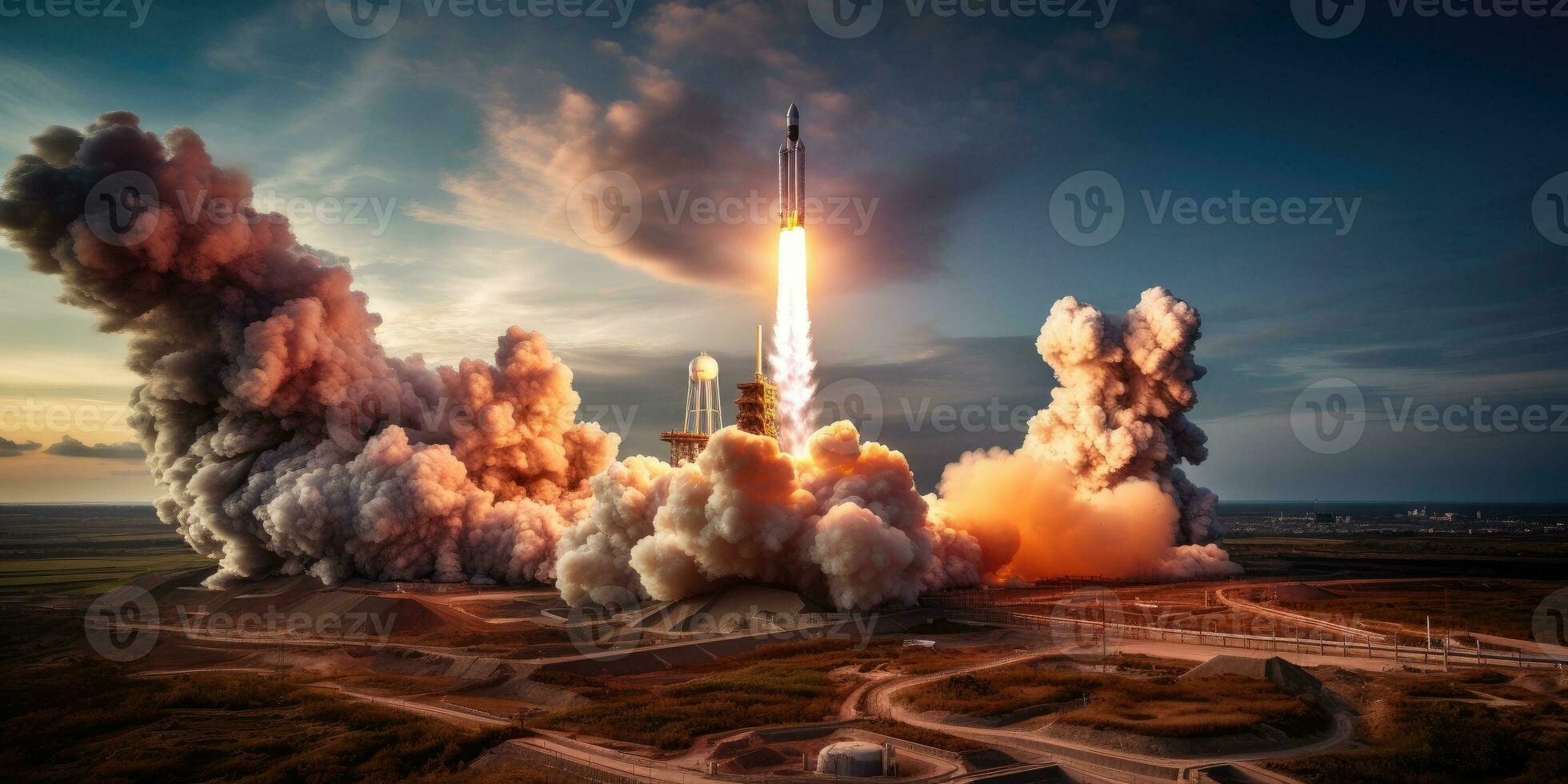 AI Generated A rocket launched into the vast space of the universe. A historical mission by Generative AI photo