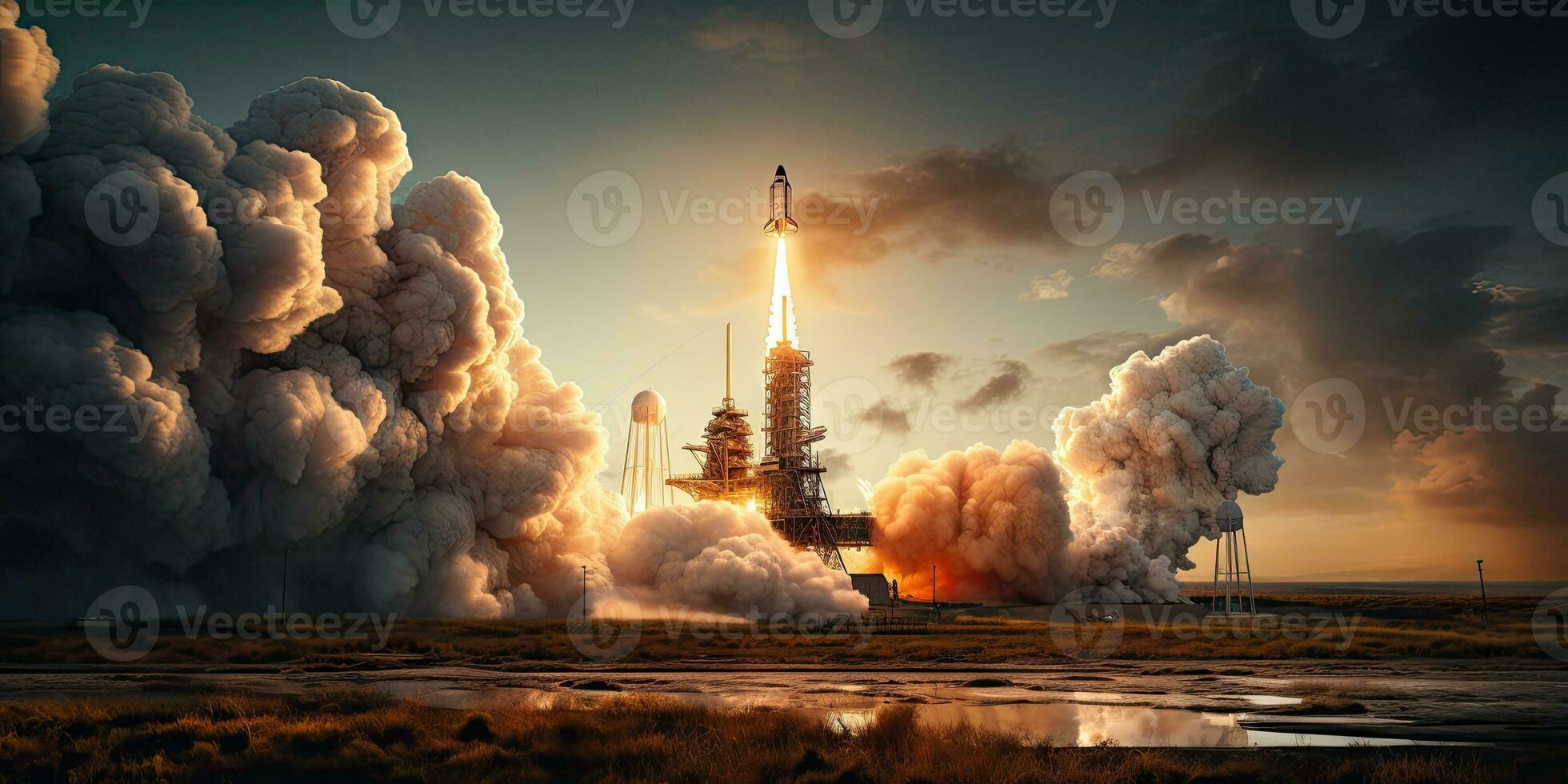 AI Generated A rocket launched into the vast space of the universe. A historical mission by Generative AI photo