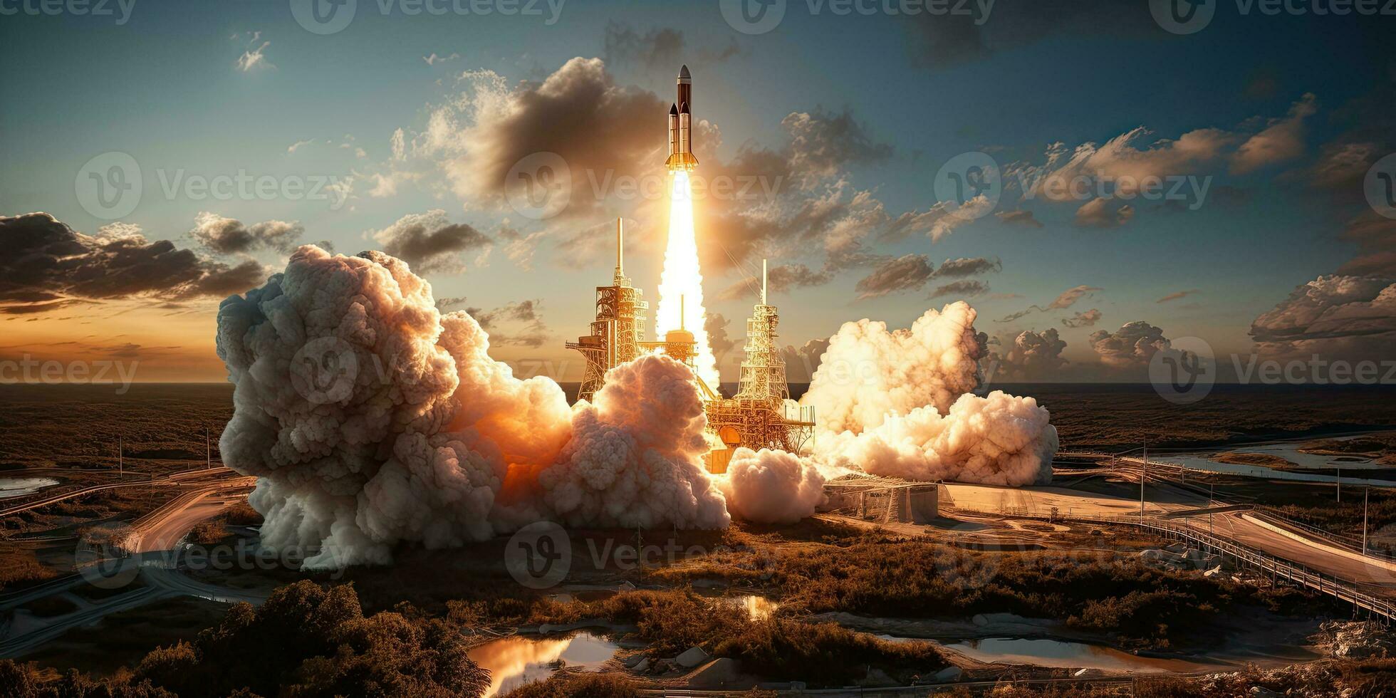 AI Generated A rocket launched into the vast space of the universe. A historical mission by Generative AI photo