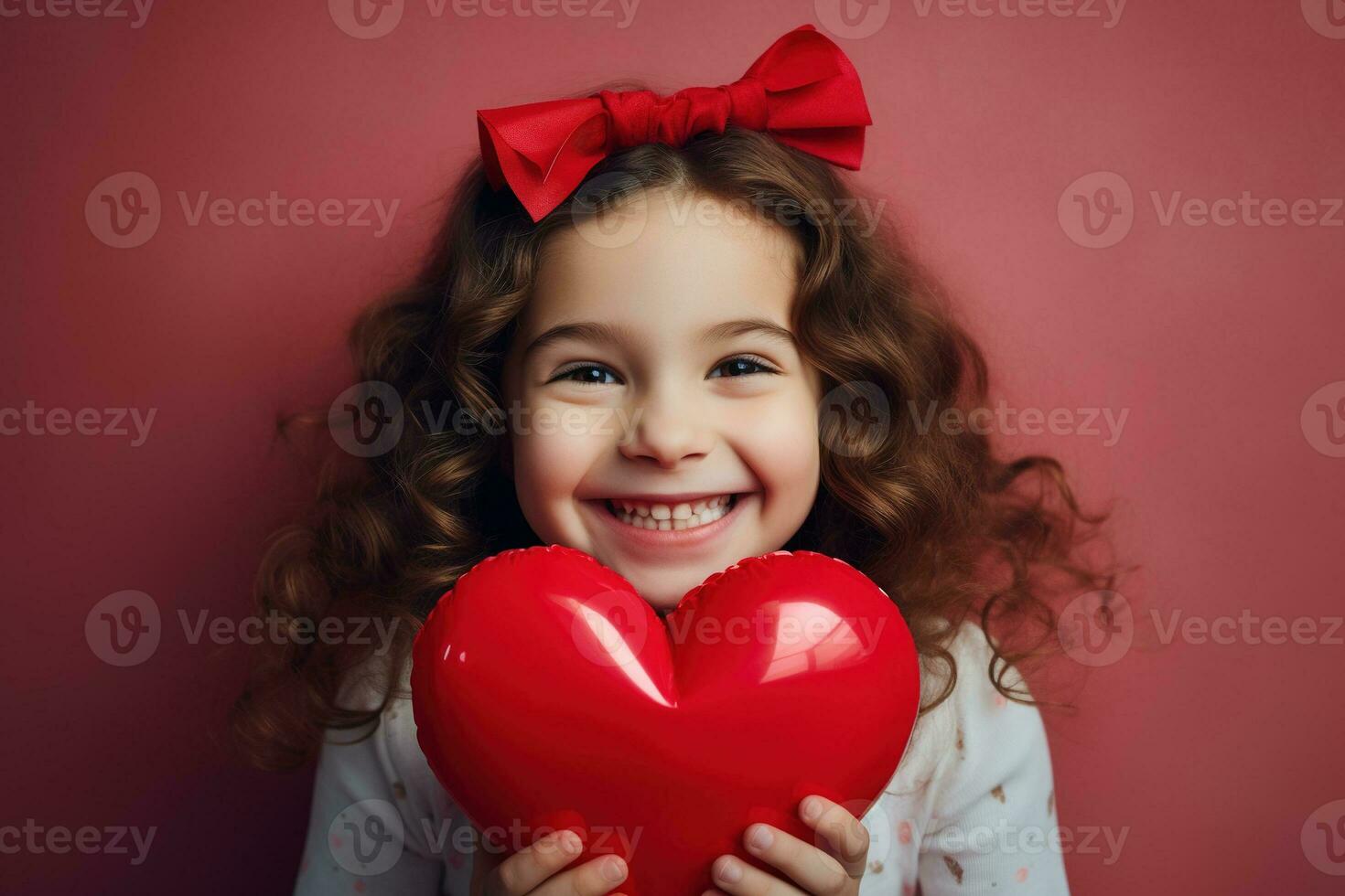 ai generado retrato de un linda pequeño niña con rojo corazón en san valentin día concepto. foto