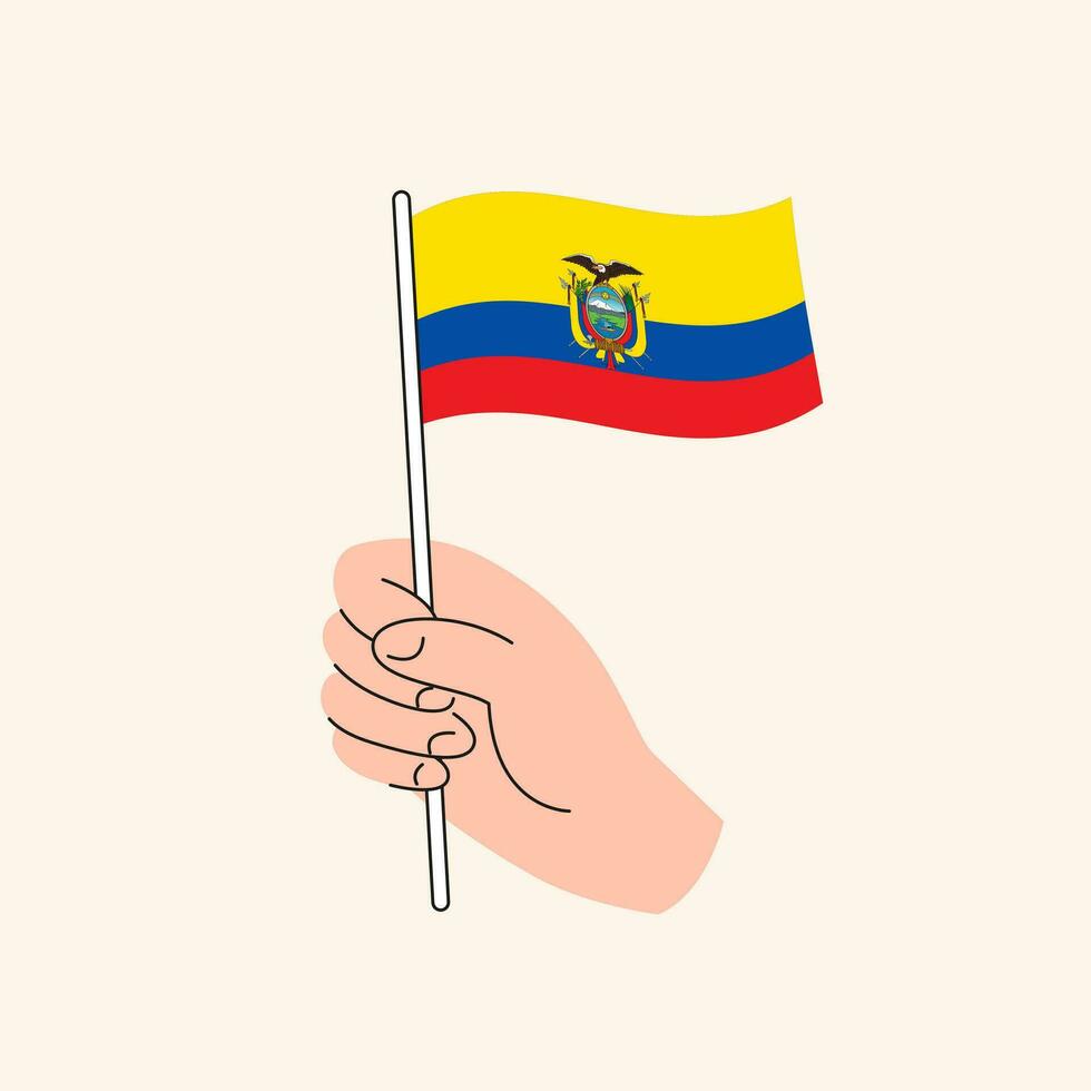 Cartoon Hand Holding Ecuadorian Flag, Isolated Vector Design.