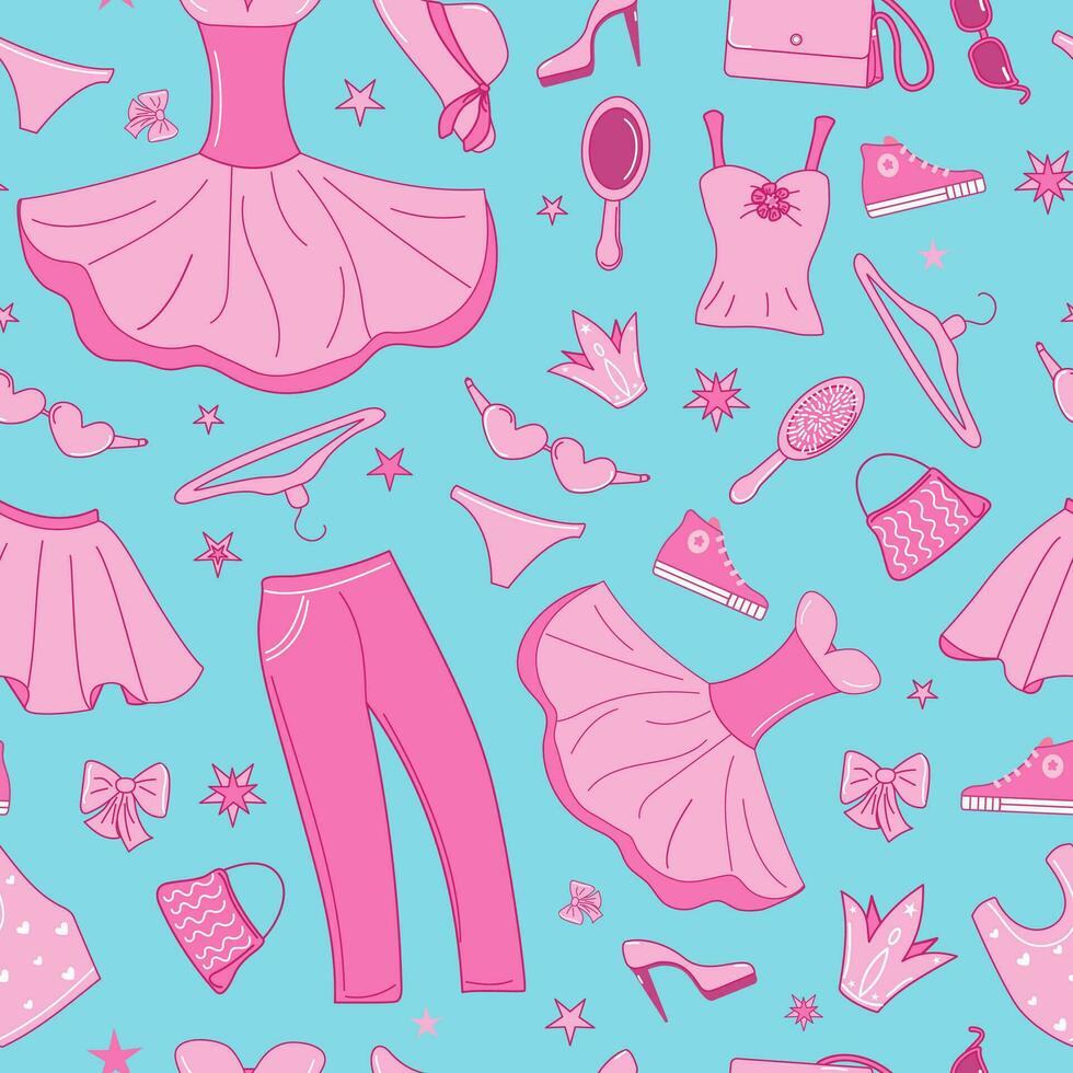 Pattern of pink doll accessories, shoes and clothes. Suit, dress, shoes, hat. Pink fashion set. Vector seamless background.