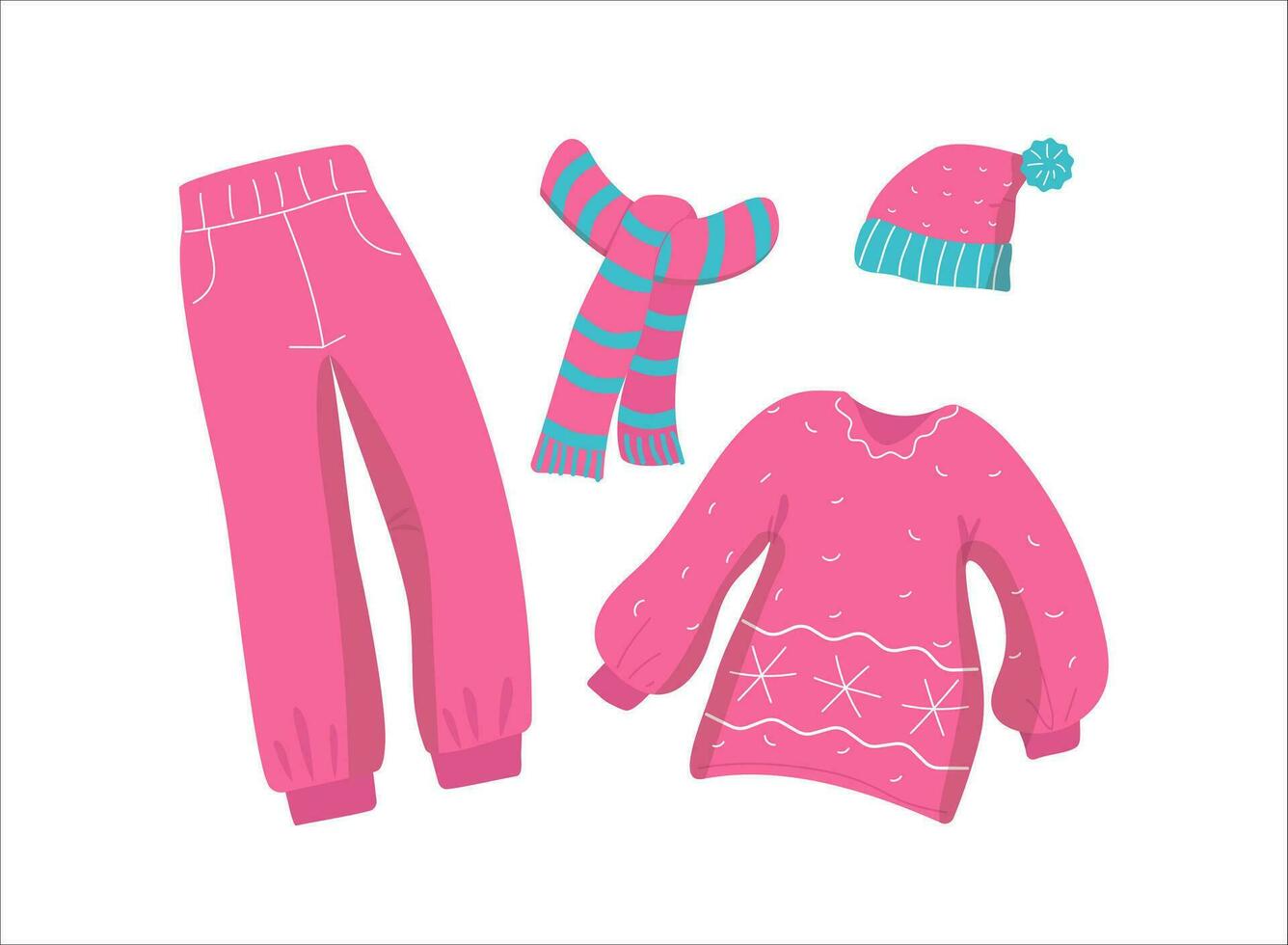 Warm, cozy clothes for leisure and home. Pink set, knitted hat with scarf, sweater and trousers. vector