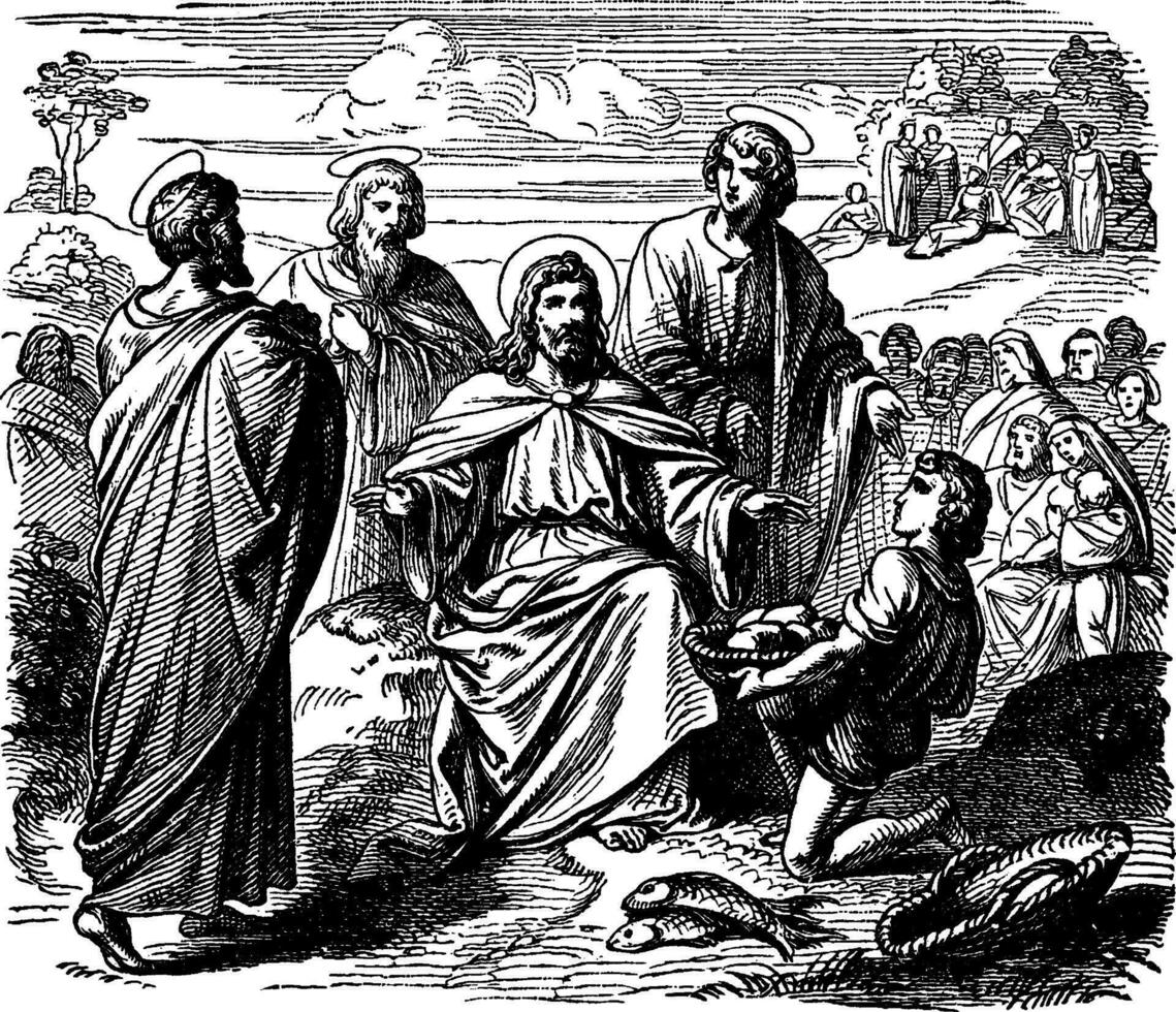 Jesús alimenta el cinco mil con cinco panes de un pan y dos pescado Clásico ilustración. vector