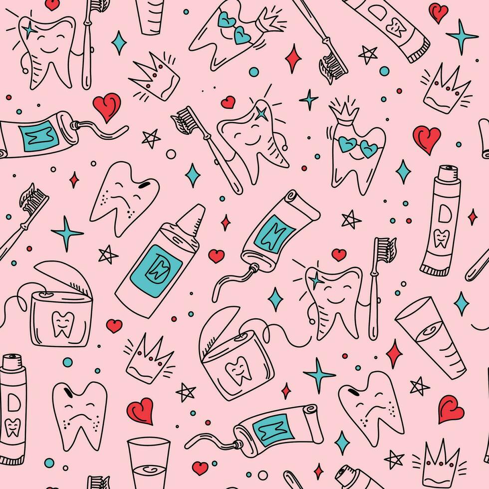 Pattern dental vector set. Toothpaste, cartoon tooth, dental floss and toothbrush in doodle style. Hand drawn. Dental care. Healthy tooth and diseased tooth.