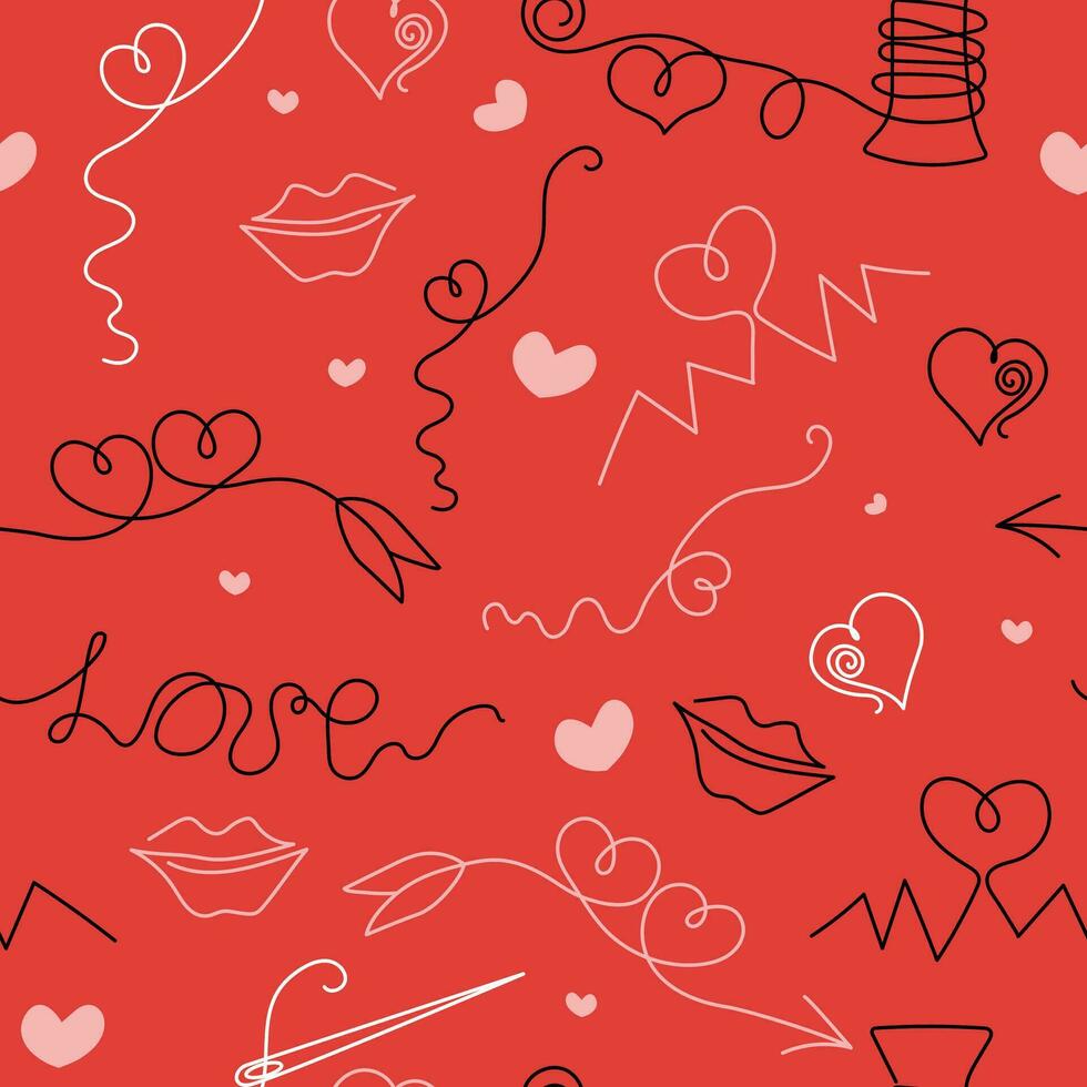 Pattern, Valentine, badges. Drawing, sketch. Line art style. Seamless pattern. Vector background. Lettering, Hobby, thread, needles, heart.