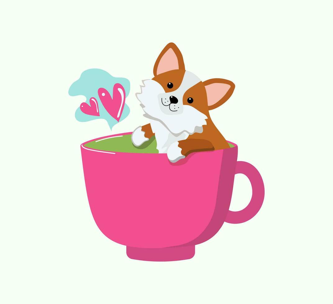 perro en un taza. dibujos animados cachorro. corazones, San Valentín día tarjeta diseño. vector ilustración, blanco antecedentes aislado.