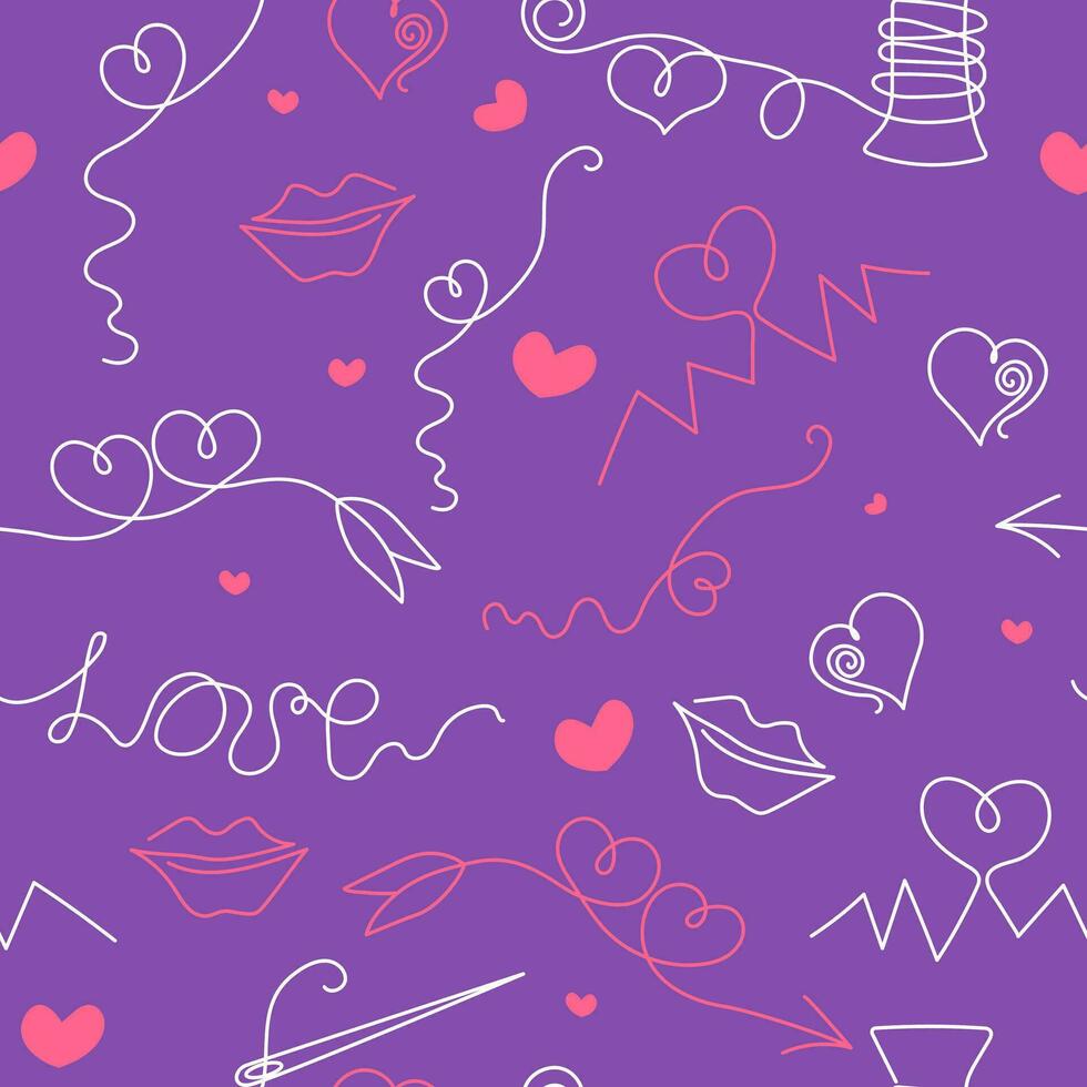 Set of Valentine's Day icons. Drawing, sketch. Linear art style. Seamless pattern. Vector background. Inscription, hobby, threads, needles, heart.