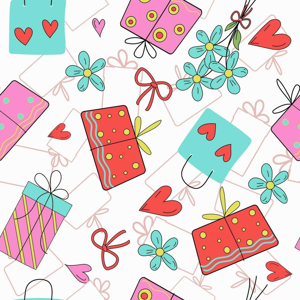 Vector pattern, gifts, hearts, bouquet of flowers, holiday packaging.  Seamless background. Design elements for wedding, birthday, doodle style.