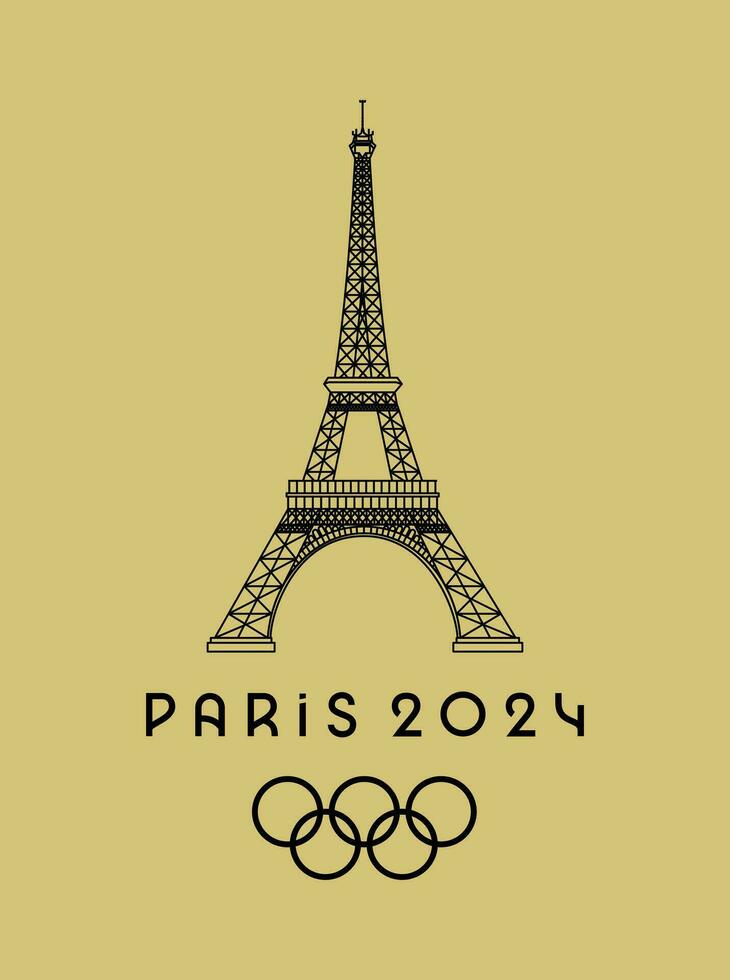 Black logo for the Paris 2024 Summer Olympics with the Eiffel Tower on a gold official background. International multisport event. Vector illustration isolated on white