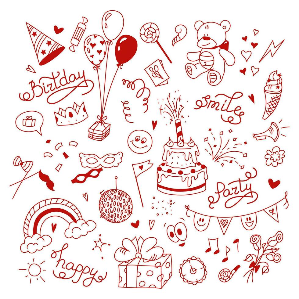 Doodle objects for party, birthday, decor. Line art. Linear vector illustration
