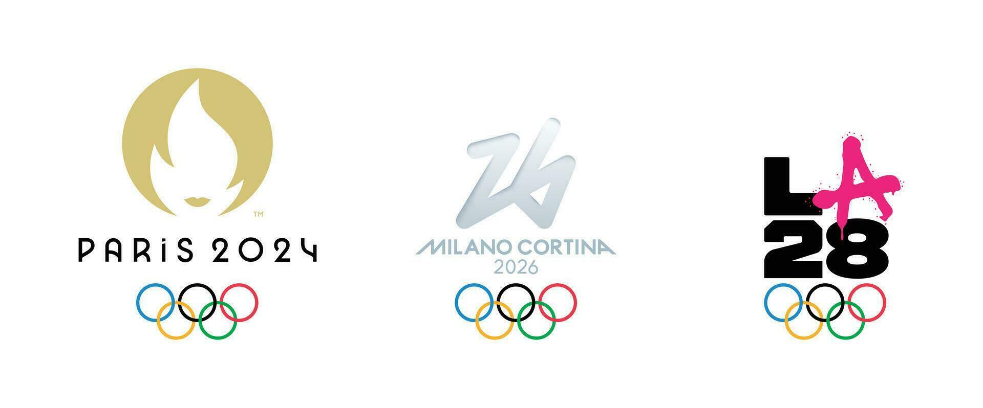 Set of Olympics logo. Paris 2024. Milano Cortina 2026. LA 2028. International multi-sport event. Vector illustration isolated on white