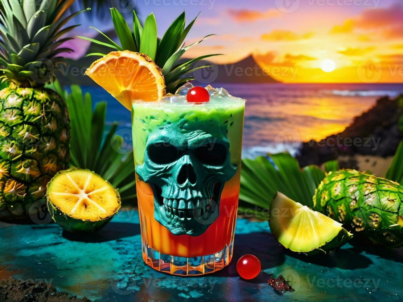 AI generated Tropical Zombie Delight at the Hawaiian Luau. AI Generated. photo