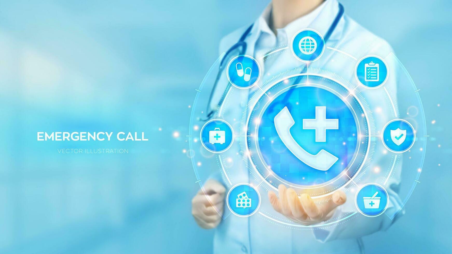 Emergency call. Medical call center hotline. SOS. First aid. Emergency application. Doctor holding in hand Phone call sign, medicine icons network connection on virtual screen. Vector illustration.