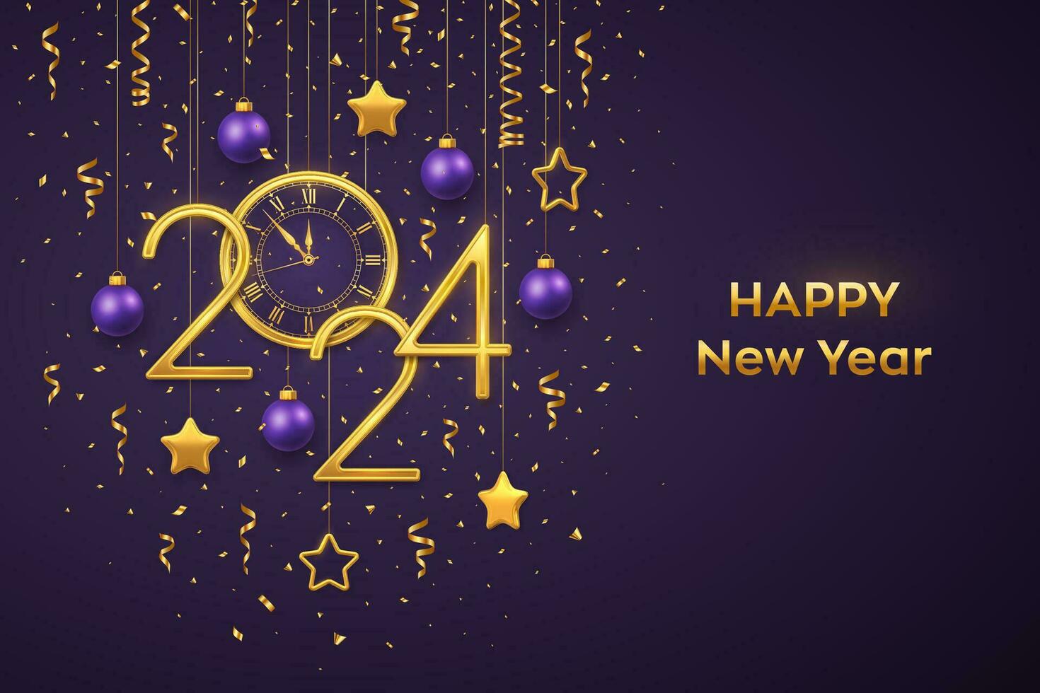 Happy New Year 2024. Gold metallic numbers 2024 and watch with Roman numeral and countdown midnight, eve for New Year. Hanging golden stars, balls on purple background. Realistic vector illustration.