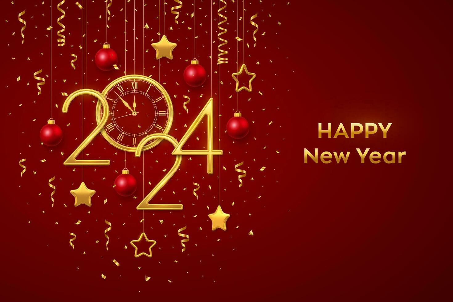 Happy New Year 2024. Gold metallic numbers 2024 and watch with Roman numeral and countdown midnight, eve for New Year. Hanging golden stars and balls on red background. Realistic vector illustration.