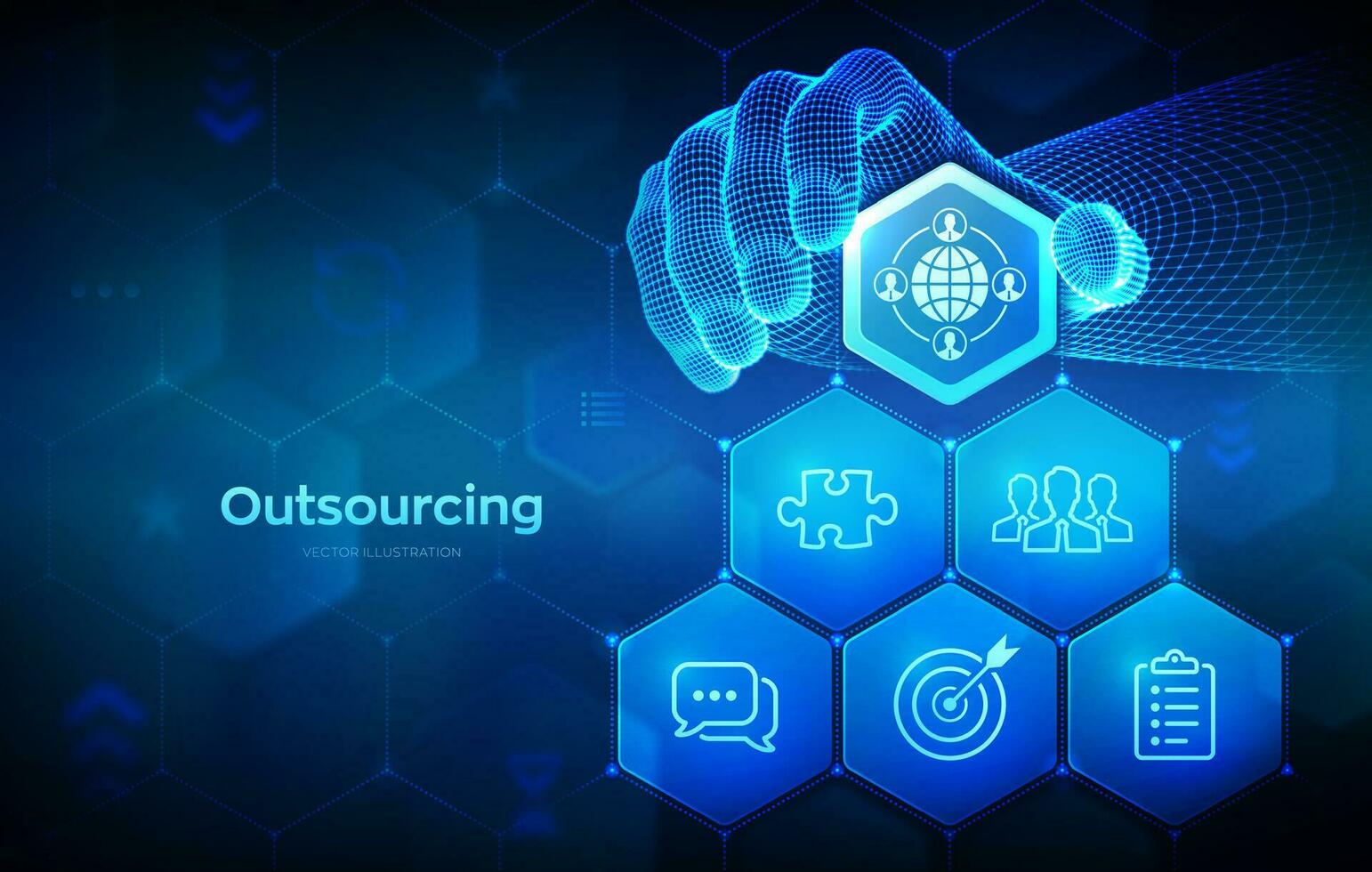 Outsourcing and HR. Social network and global recruitment. Global Recruitment Business concept. Wireframe hand places an element into a composition visualizing Outsourcing. Vector illustration.
