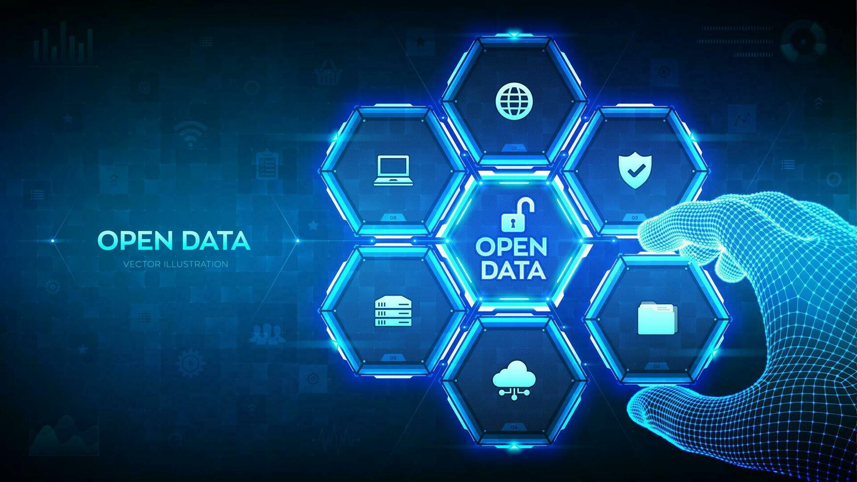 Open data database. Digital file storage system software. Online documentation database technology concept. Integration API. Wireframe hand places an element into a composition visualizing DMS. Vector