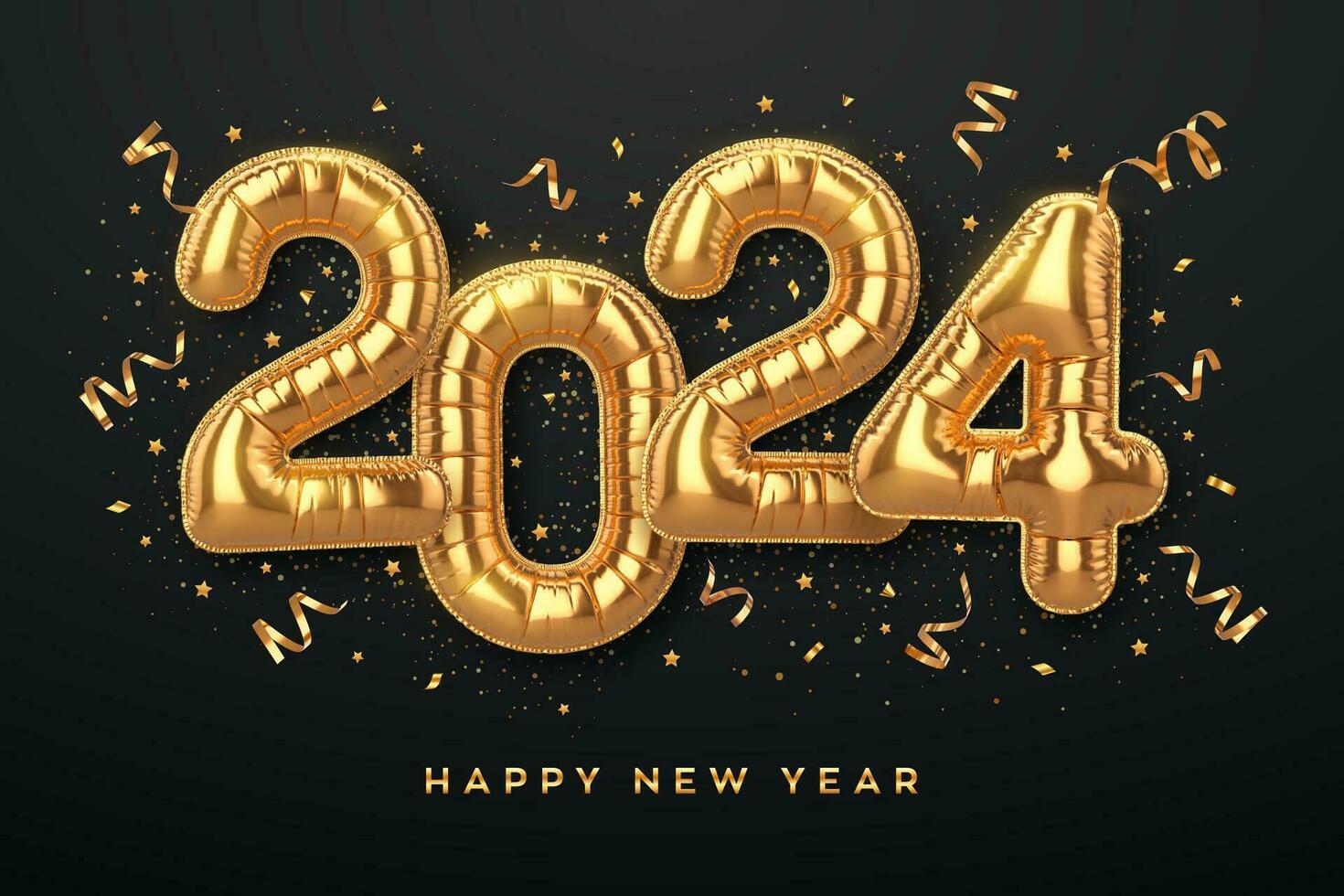 Happy New Year 2024. Golden foil balloon numbers on black background. High detailed 3D realistic gold foil helium balloons. Merry Christmas and Happy New Year 2024 greeting card. Vector illustration.