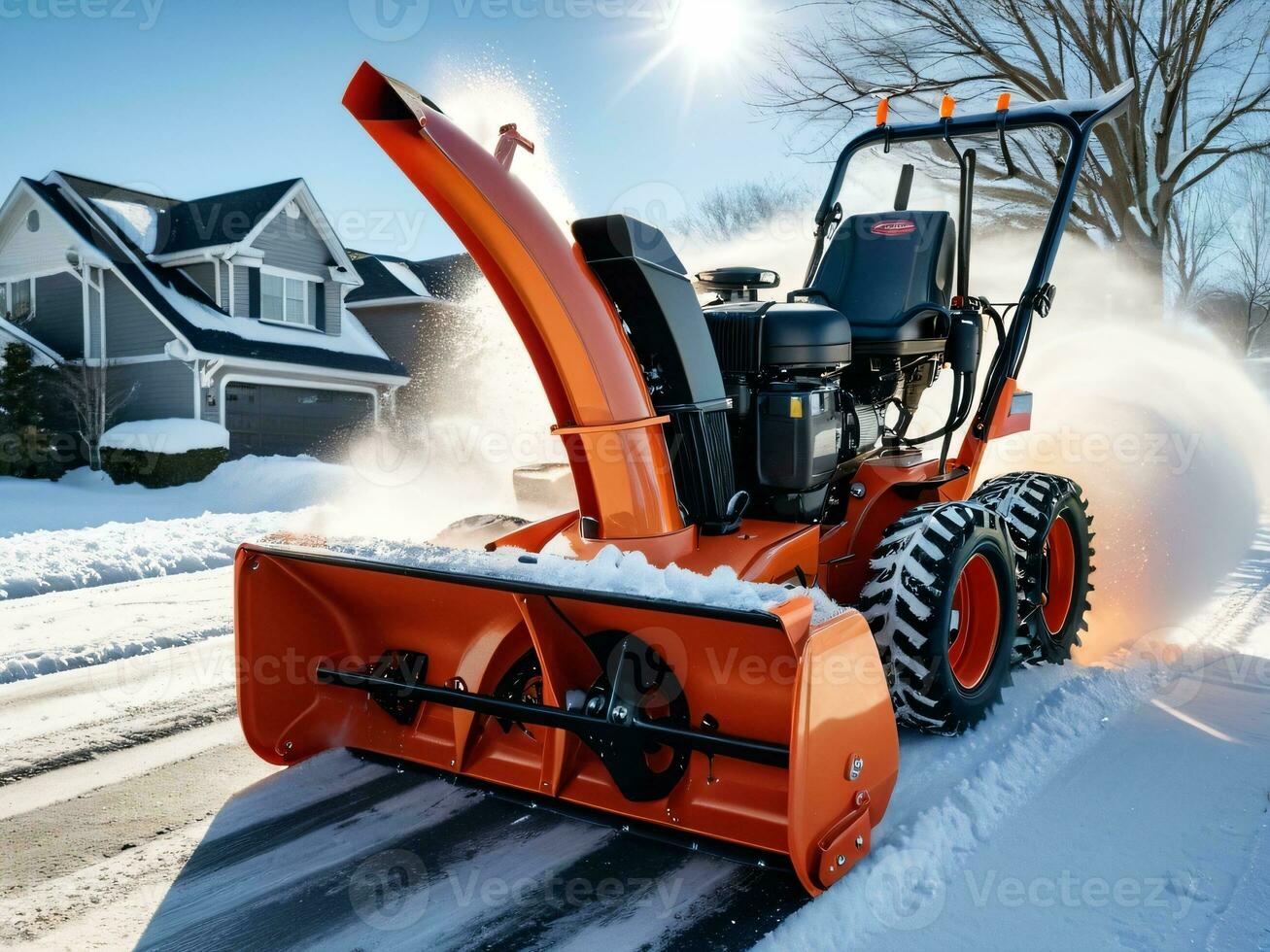 AI generated Suburban Snow Blower Efficient Winter Maintenance. AI Generated. photo