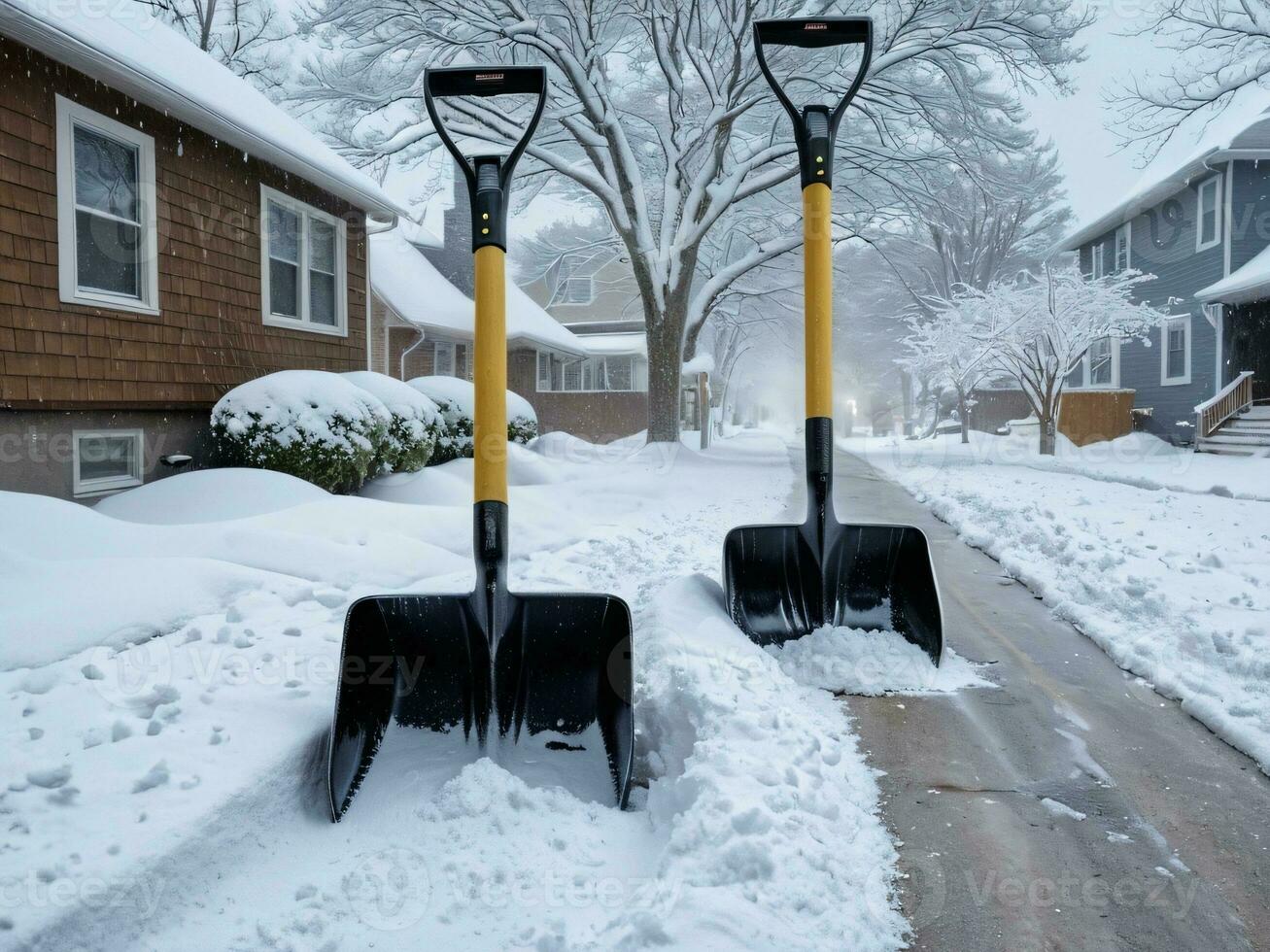 AI generated Front Yard Blizzard Battling Snow with Snow Shovels. AI Generated. photo