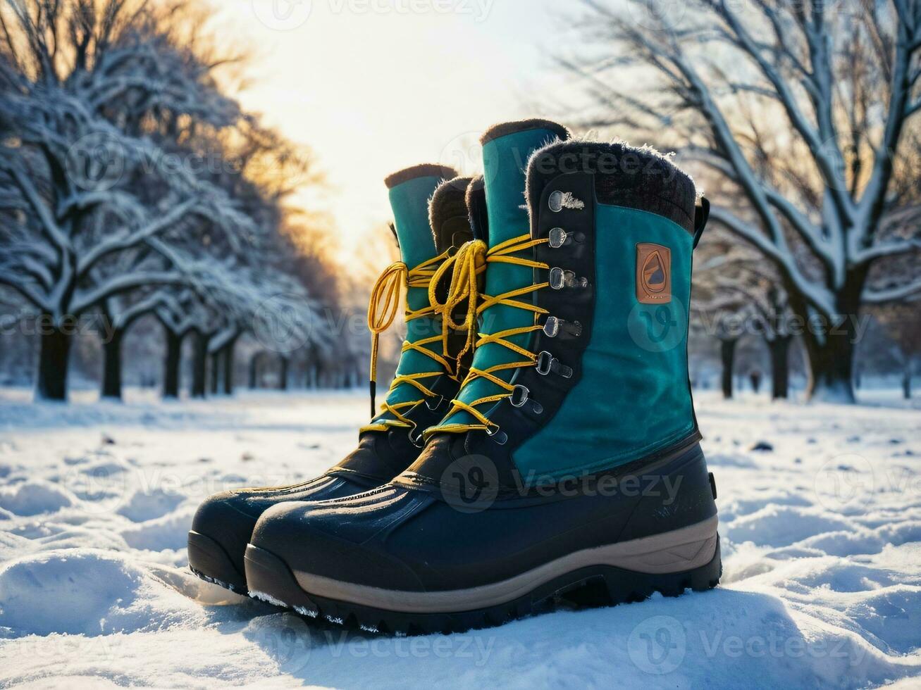 AI generated Snow Covered Park Sturdy Winter Boots for Adventurous Explorations. AI Generated. photo