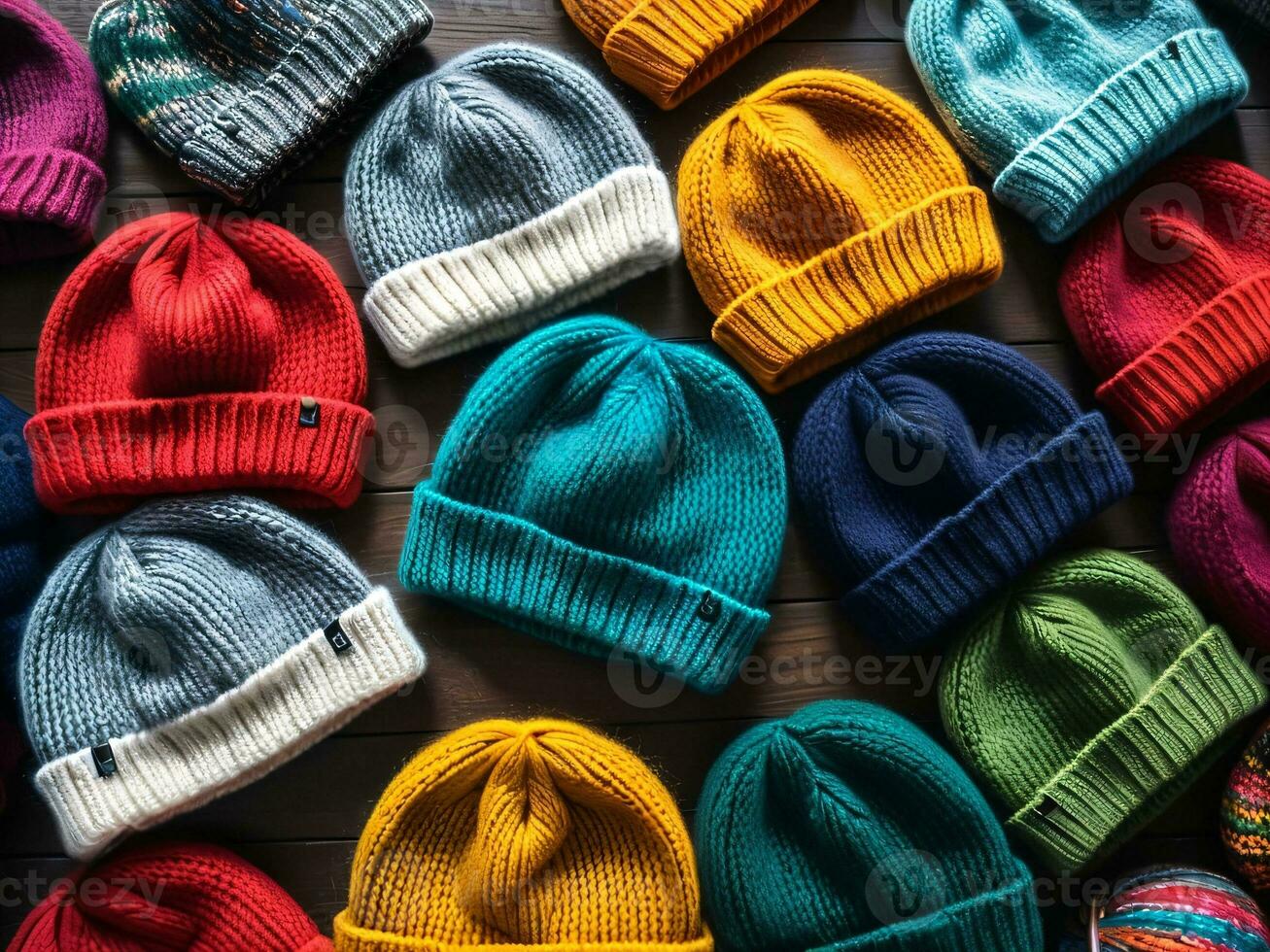 AI generated Cozy and Colorful Embrace Winter Warmth with Stylish Beanies. AI Generated. photo