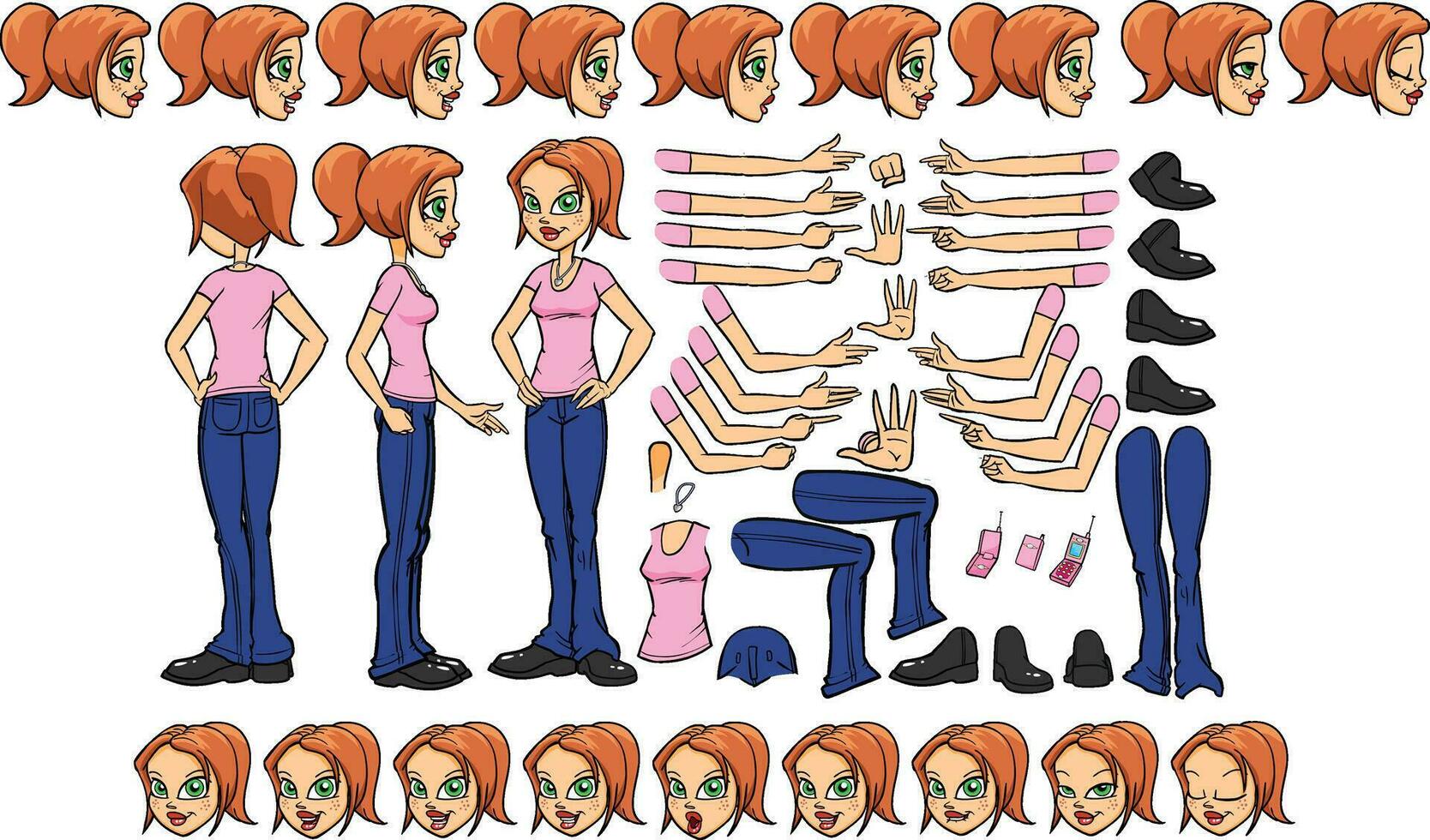 Young lady character constructor. Trendy girl creation set. Different woman postures, hairstyle, face, legs, hands, clothes, accessories collection. Vector cartoon illustration. Front, side, back view