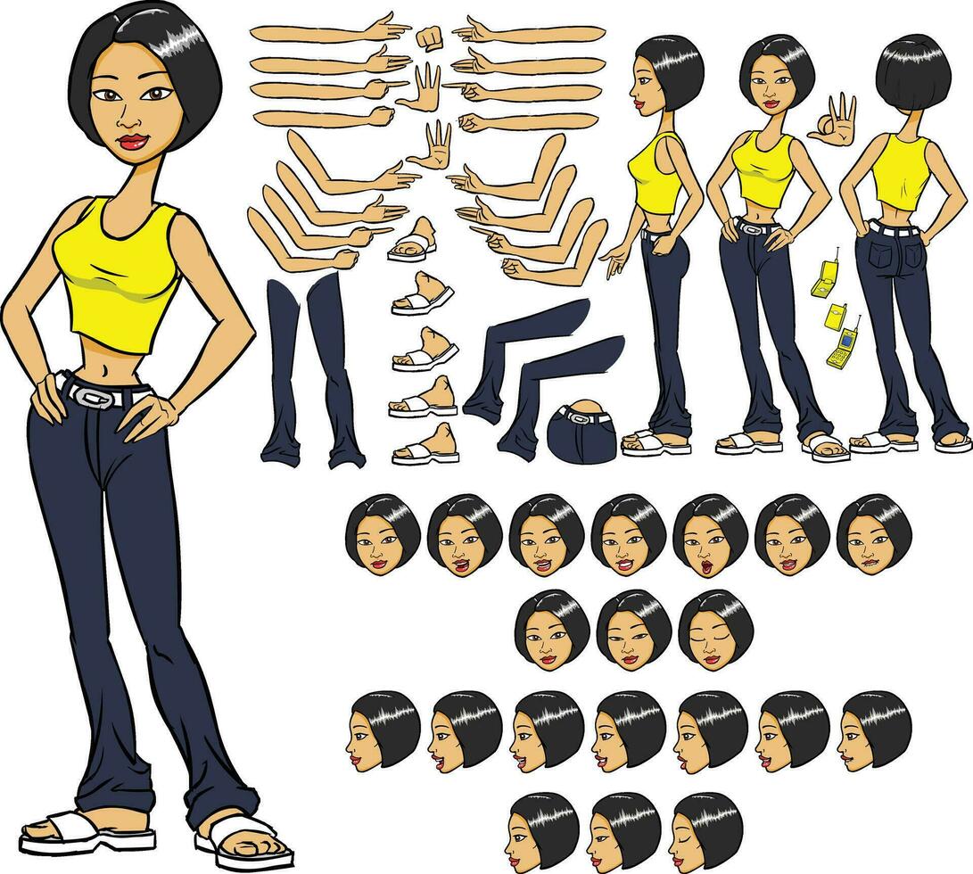 Young lady character constructor. Trendy girl creation set. Different woman postures, hairstyle, face, legs, hands, clothes, accessories collection. Vector cartoon illustration. Front, side, back view