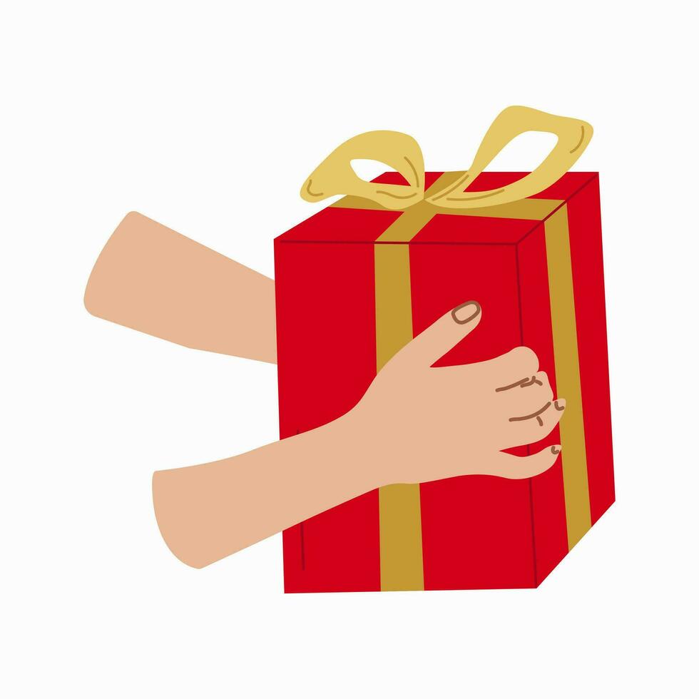 Giving a gift. Hand with Gift box Design for banner, web. Hands holding a red box with a gold ribbon. Vector illustration...