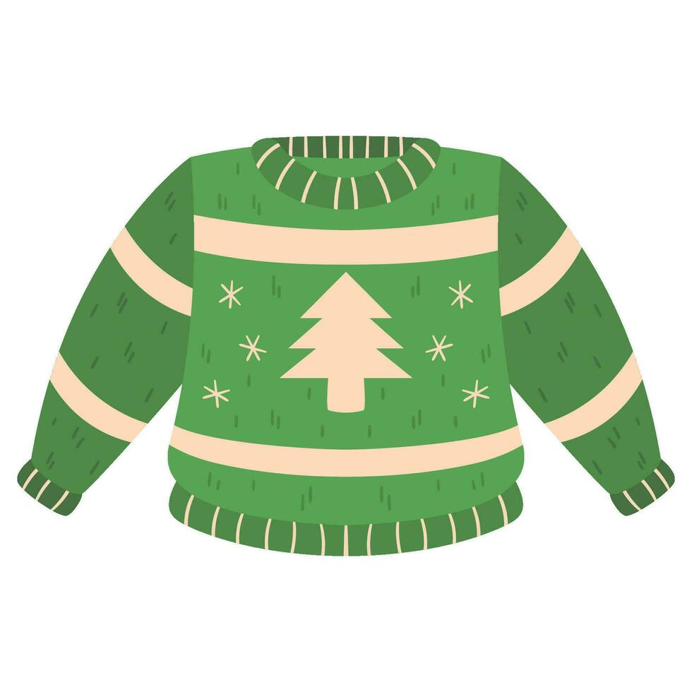 Ugly Christmas Sweater, Sweater with Ornament, Green color with white Pine Tree vector